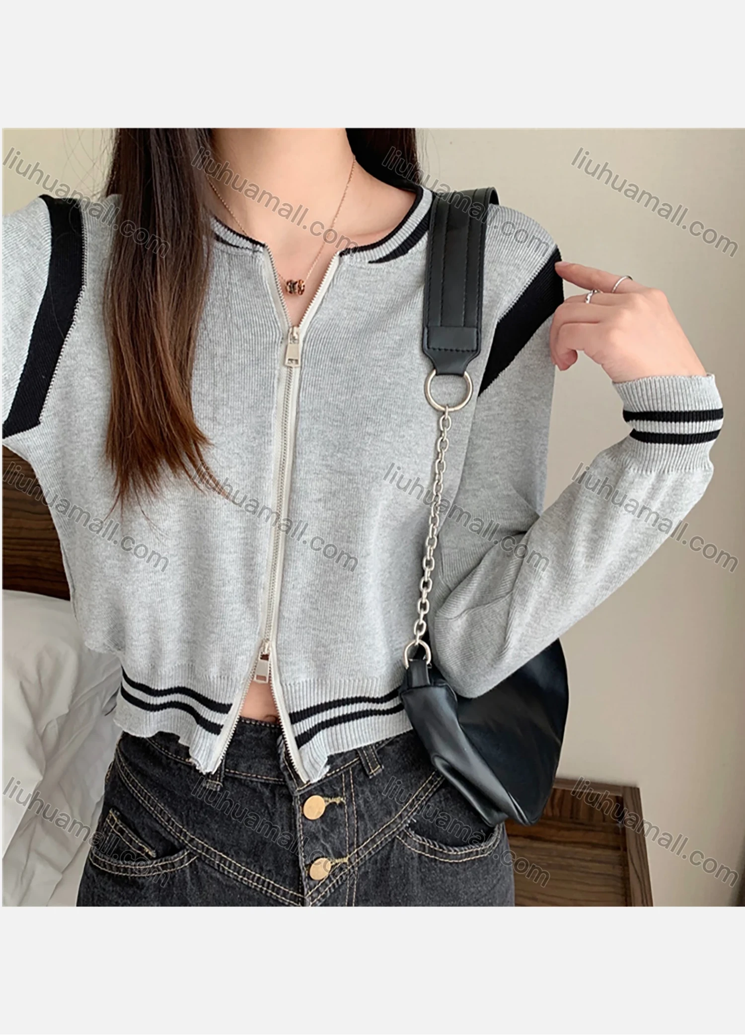 Wholesale Women's Casual Striped Long Sleeve Zip Sweater Jacket 1067# - Liuhuamall