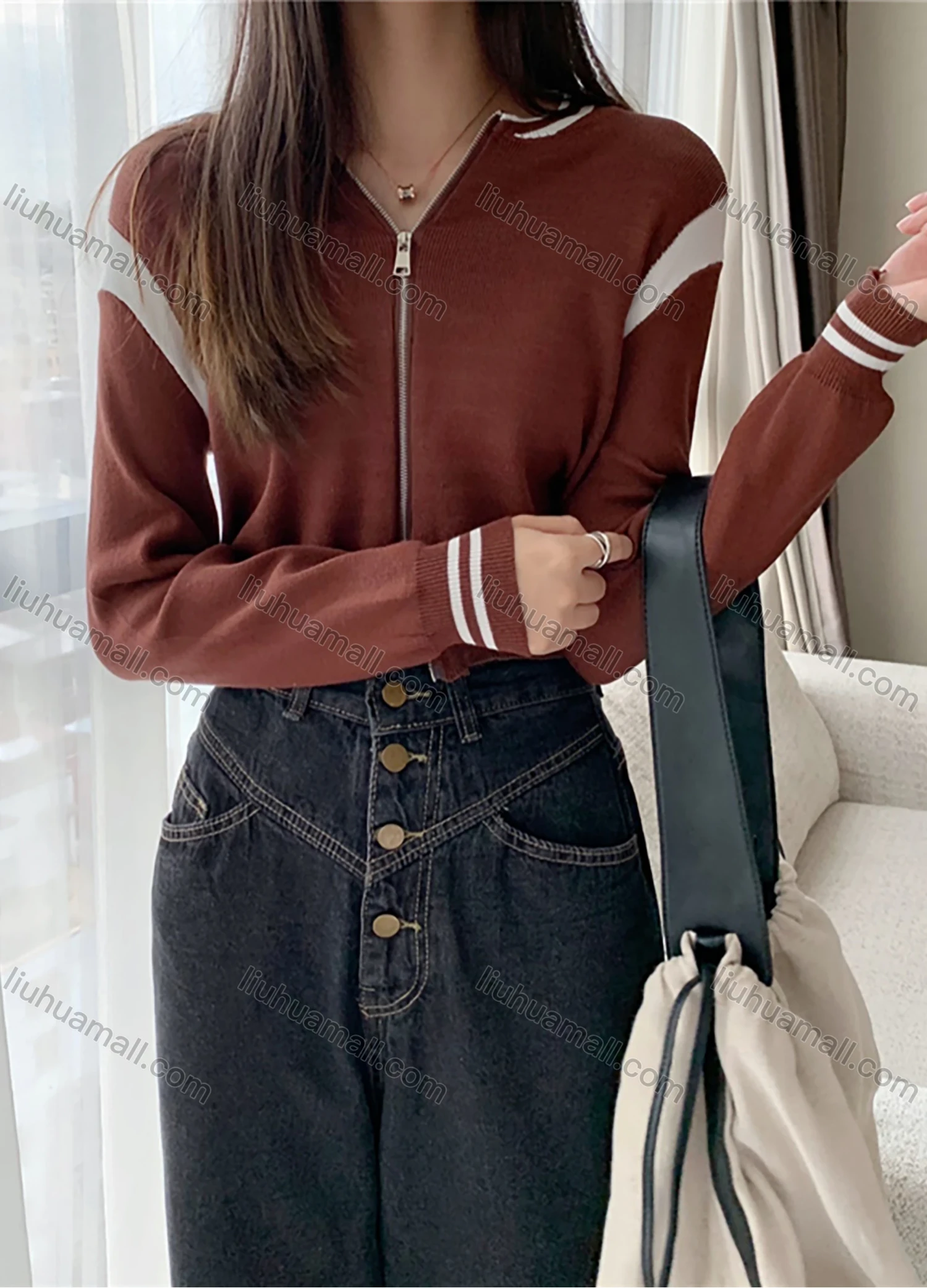Wholesale Women's Casual Striped Long Sleeve Zip Sweater Jacket 1067# - Liuhuamall