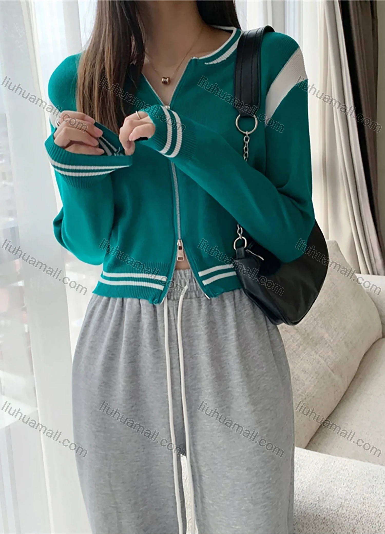 Wholesale Women's Casual Striped Long Sleeve Zip Sweater Jacket 1067# - Liuhuamall