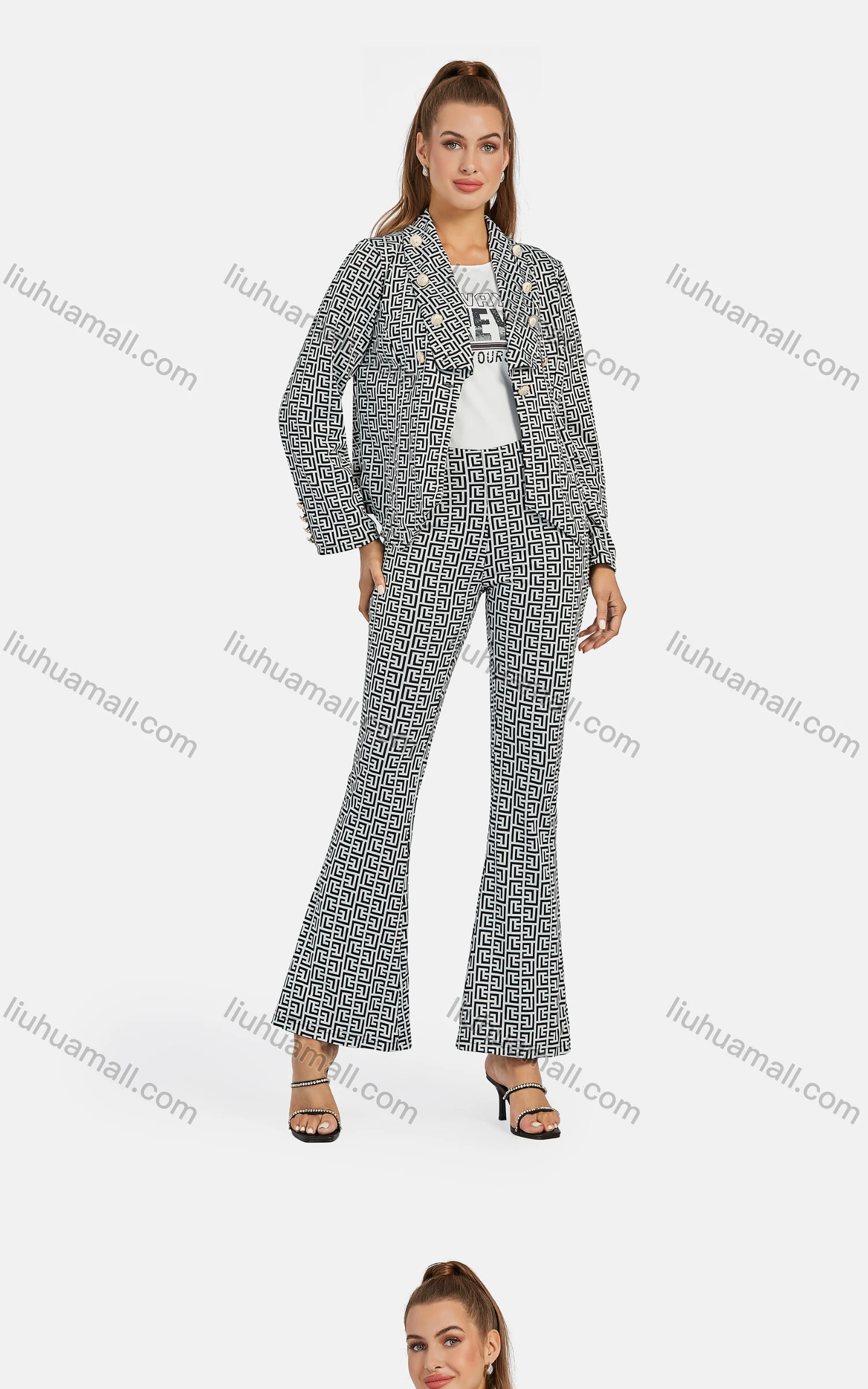Wholesale Women's Business Collared Greek Key Button Decor Blazer Jacket 2-piece Set - Liuhuamall