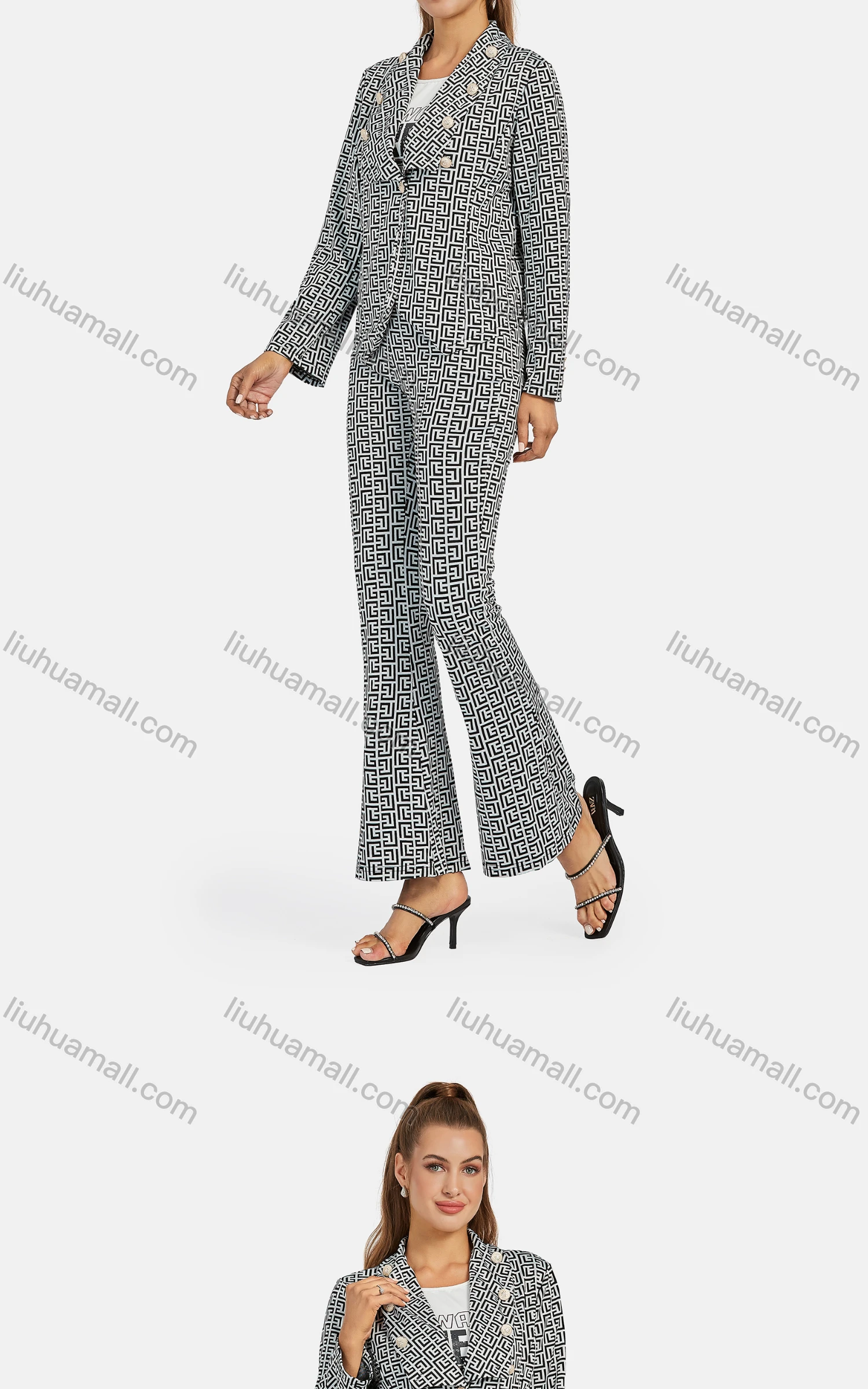 Wholesale Women's Business Collared Greek Key Button Decor Blazer Jacket 2-piece Set - Liuhuamall