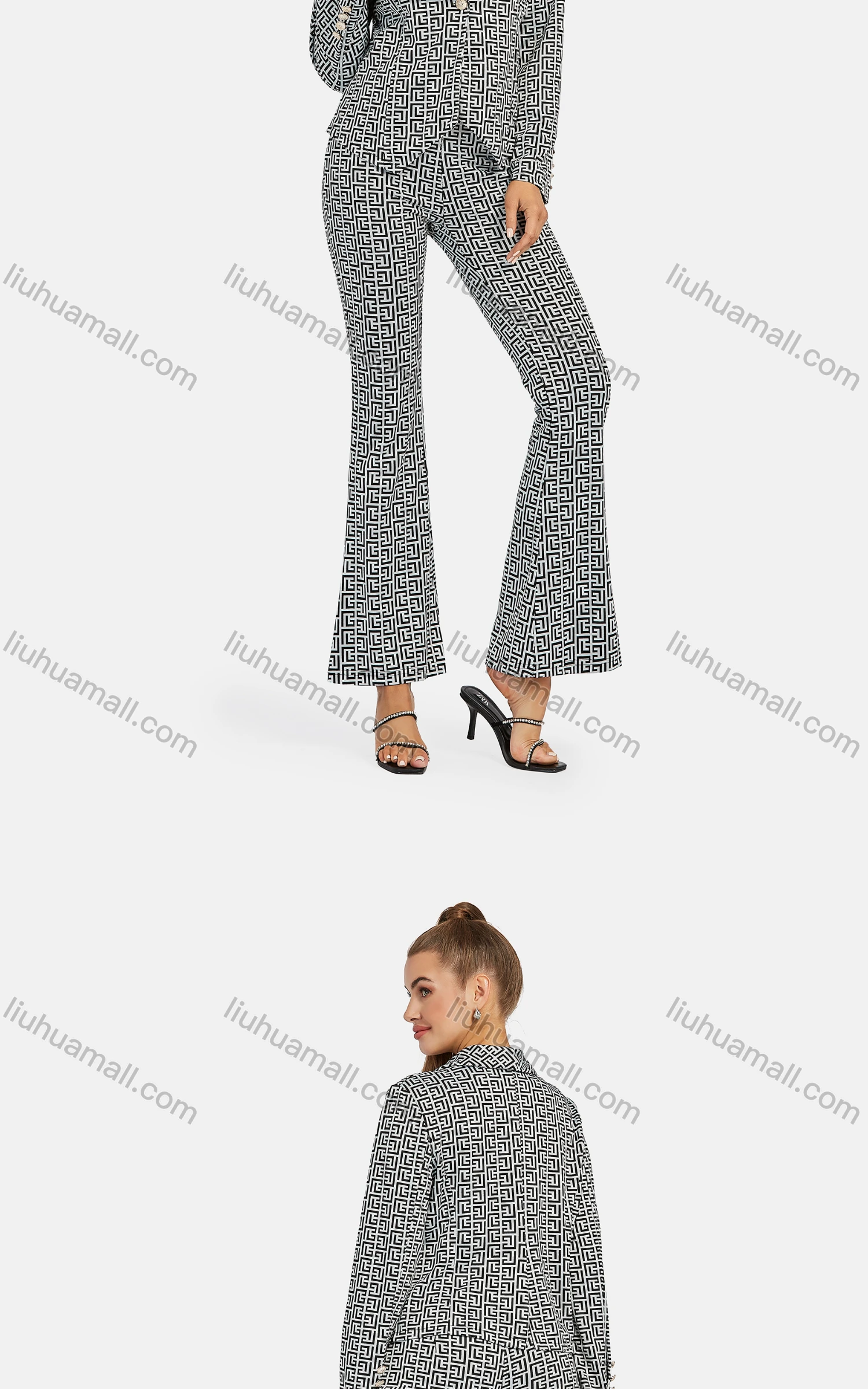 Wholesale Women's Business Collared Greek Key Button Decor Blazer Jacket 2-piece Set - Liuhuamall
