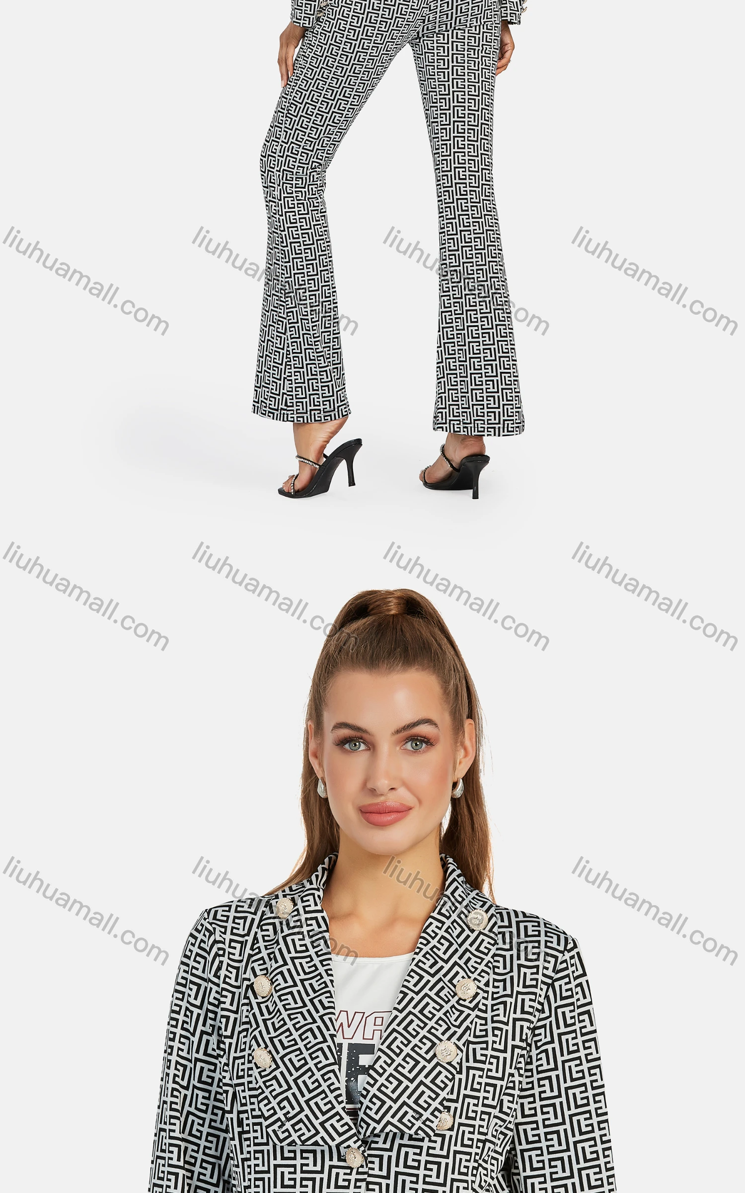 Wholesale Women's Business Collared Greek Key Button Decor Blazer Jacket 2-piece Set - Liuhuamall
