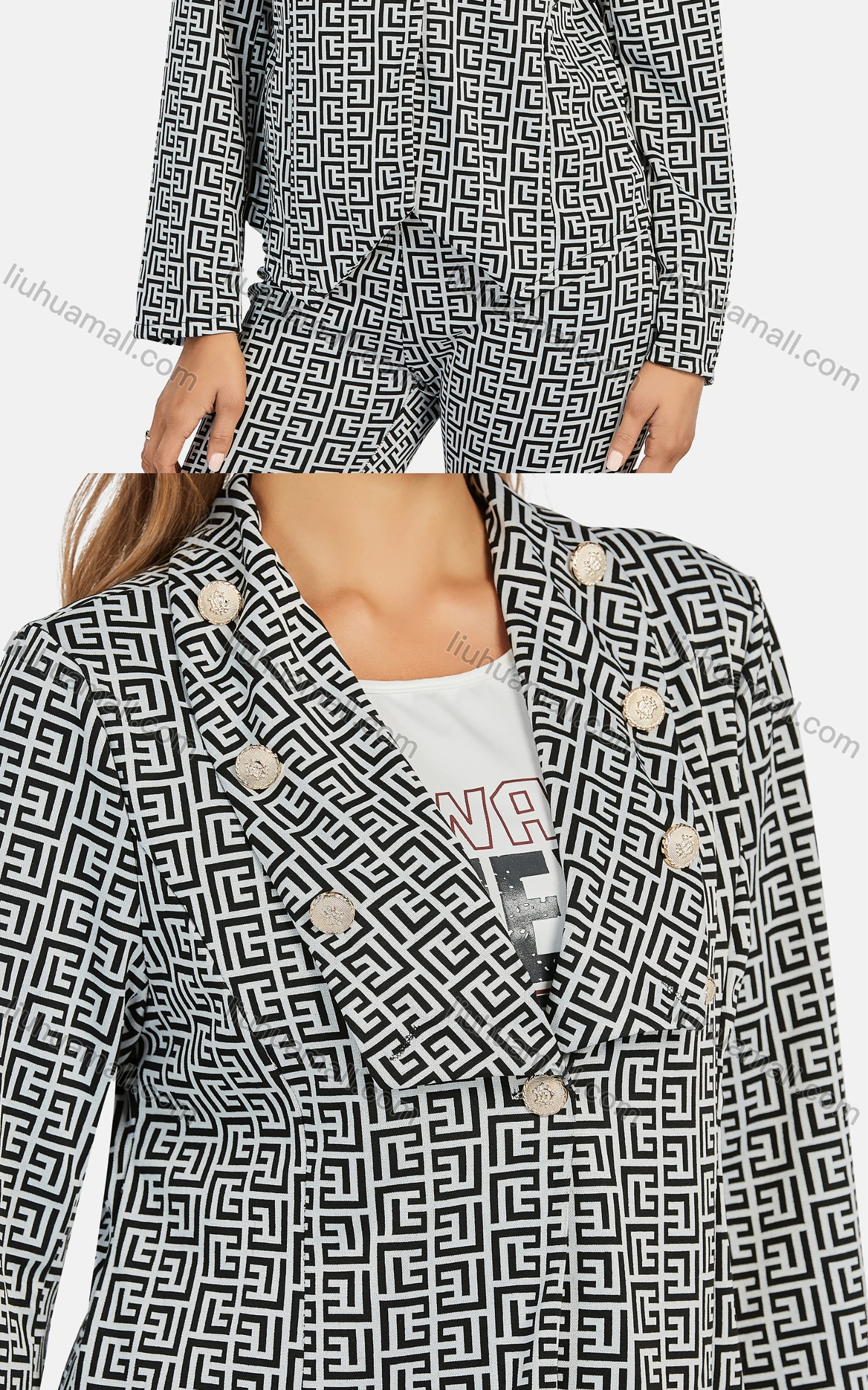 Wholesale Women's Business Collared Greek Key Button Decor Blazer Jacket 2-piece Set - Liuhuamall