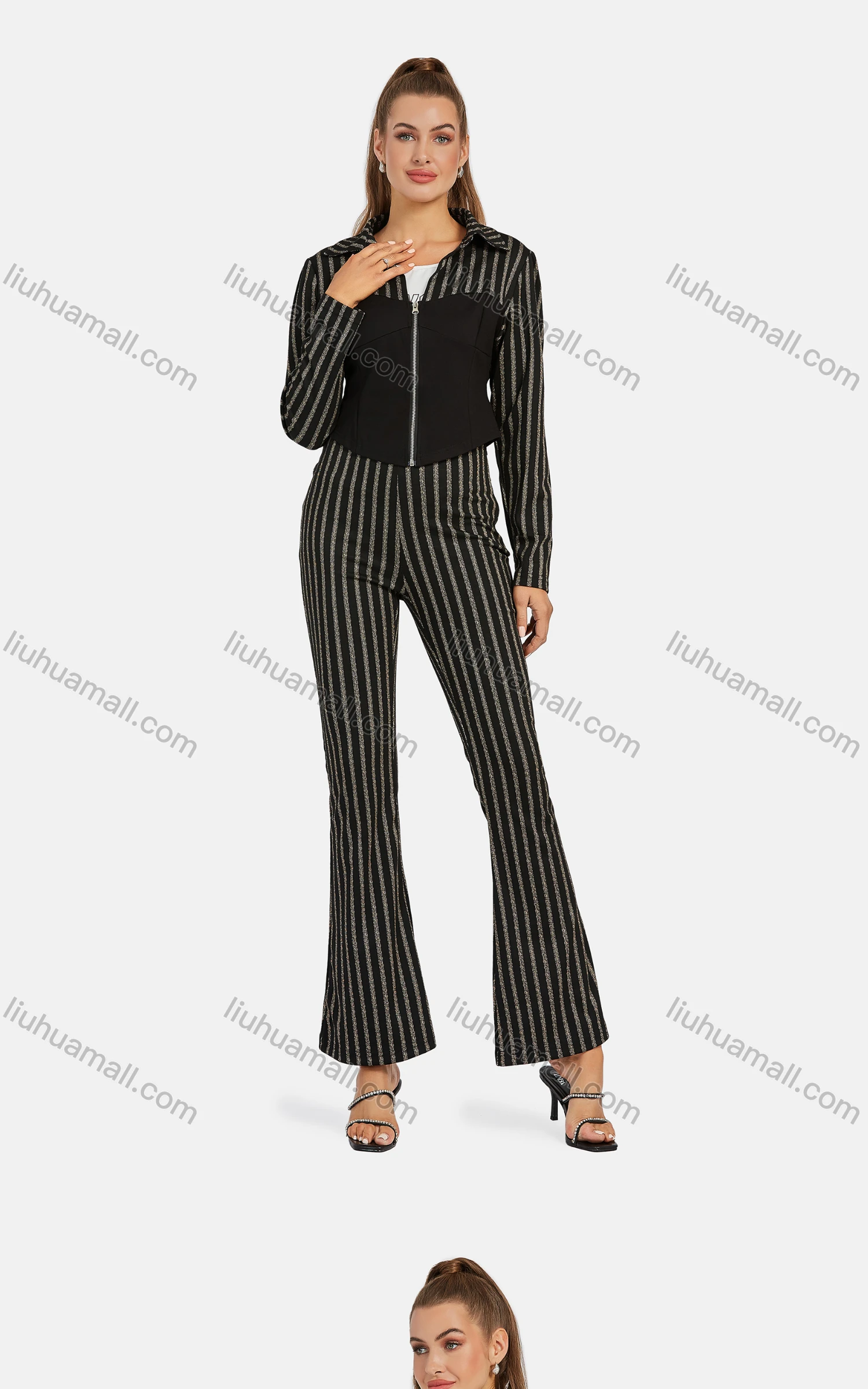 Wholesale Women's Business Collared Striped Zip Colorblock Crop Jacket 2-piece Set - Liuhuamall
