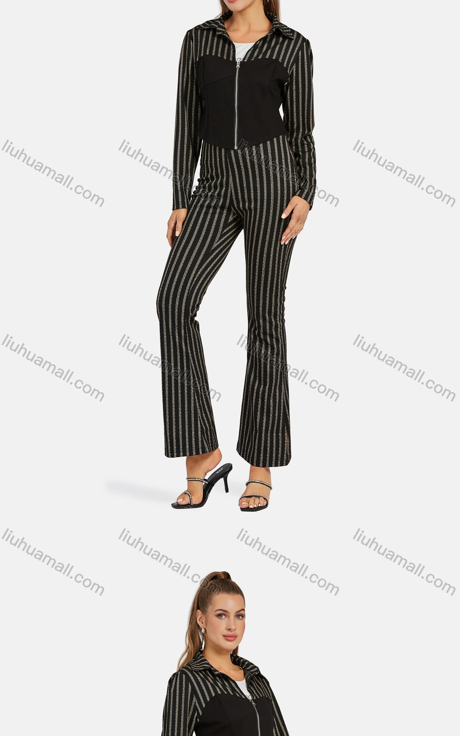 Wholesale Women's Business Collared Striped Zip Colorblock Crop Jacket 2-piece Set - Liuhuamall