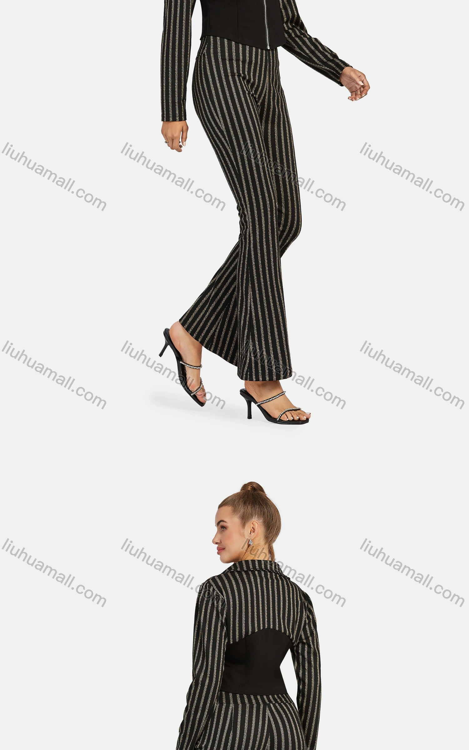 Wholesale Women's Business Collared Striped Zip Colorblock Crop Jacket 2-piece Set - Liuhuamall