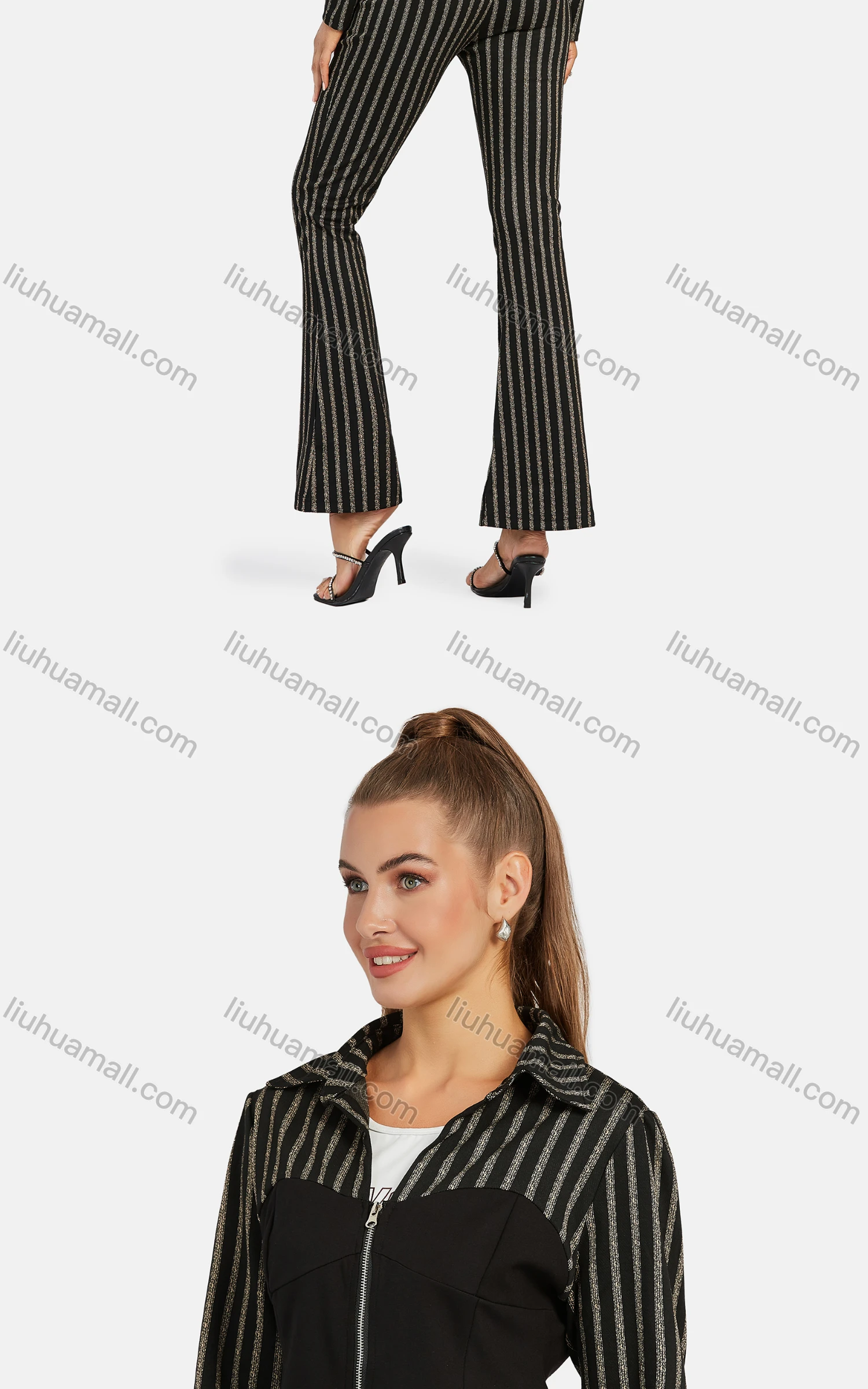 Wholesale Women's Business Collared Striped Zip Colorblock Crop Jacket 2-piece Set - Liuhuamall