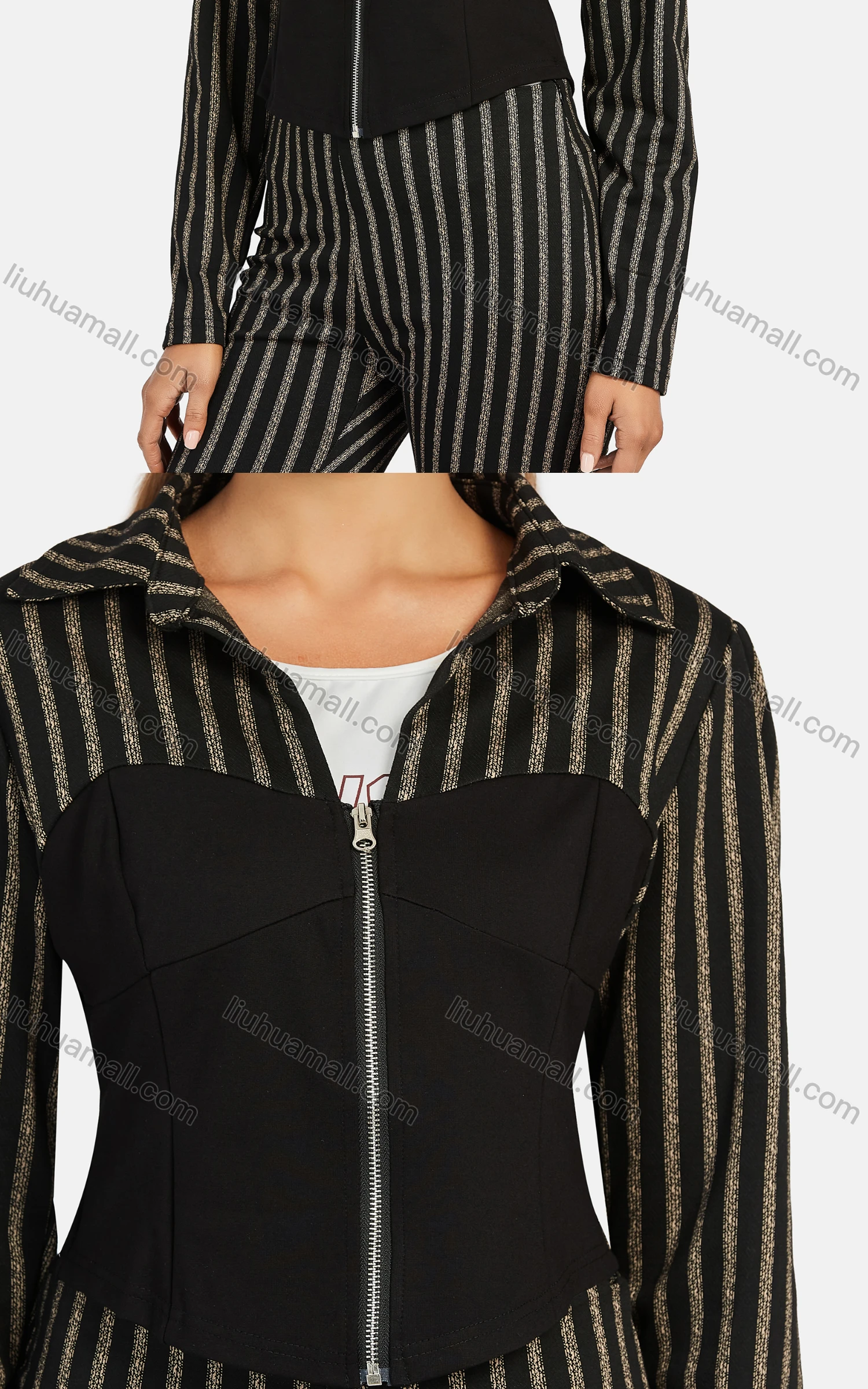 Wholesale Women's Business Collared Striped Zip Colorblock Crop Jacket 2-piece Set - Liuhuamall