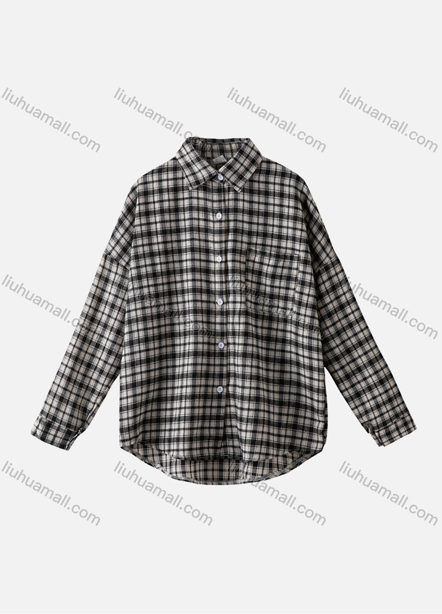 Wholesale Women's Casual Plaid Print Patch Pockets Long Sleeve Button Down Curved Hem Shirts 1163# - Liuhuamall
