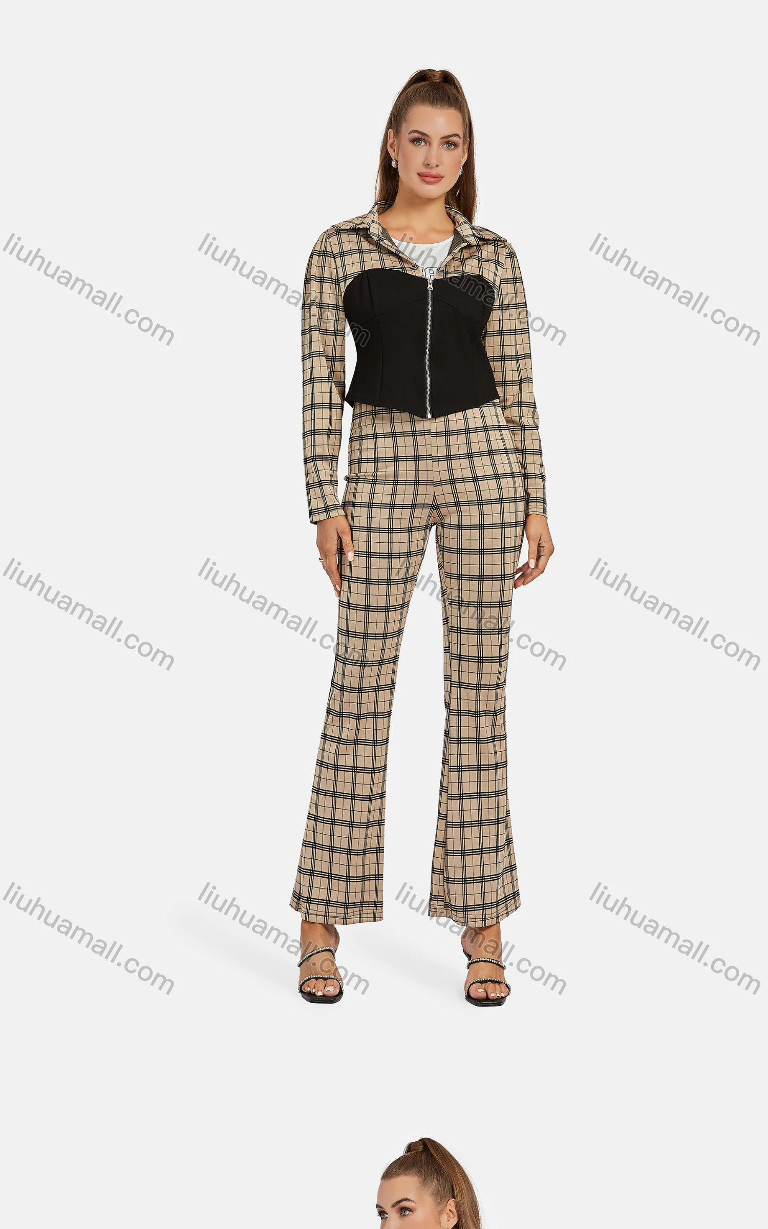 Wholesale Women's Business Collared Plaid Zip Colorblock Crop Jacket 2-piece Set - Liuhuamall