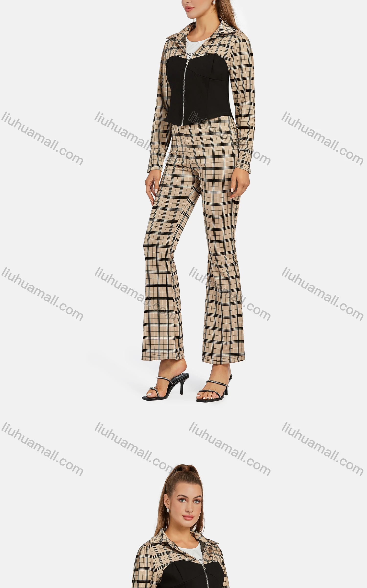 Wholesale Women's Business Collared Plaid Zip Colorblock Crop Jacket 2-piece Set - Liuhuamall