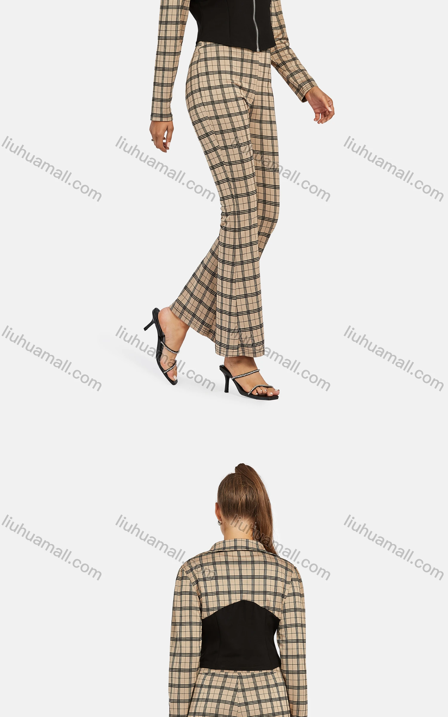 Wholesale Women's Business Collared Plaid Zip Colorblock Crop Jacket 2-piece Set - Liuhuamall