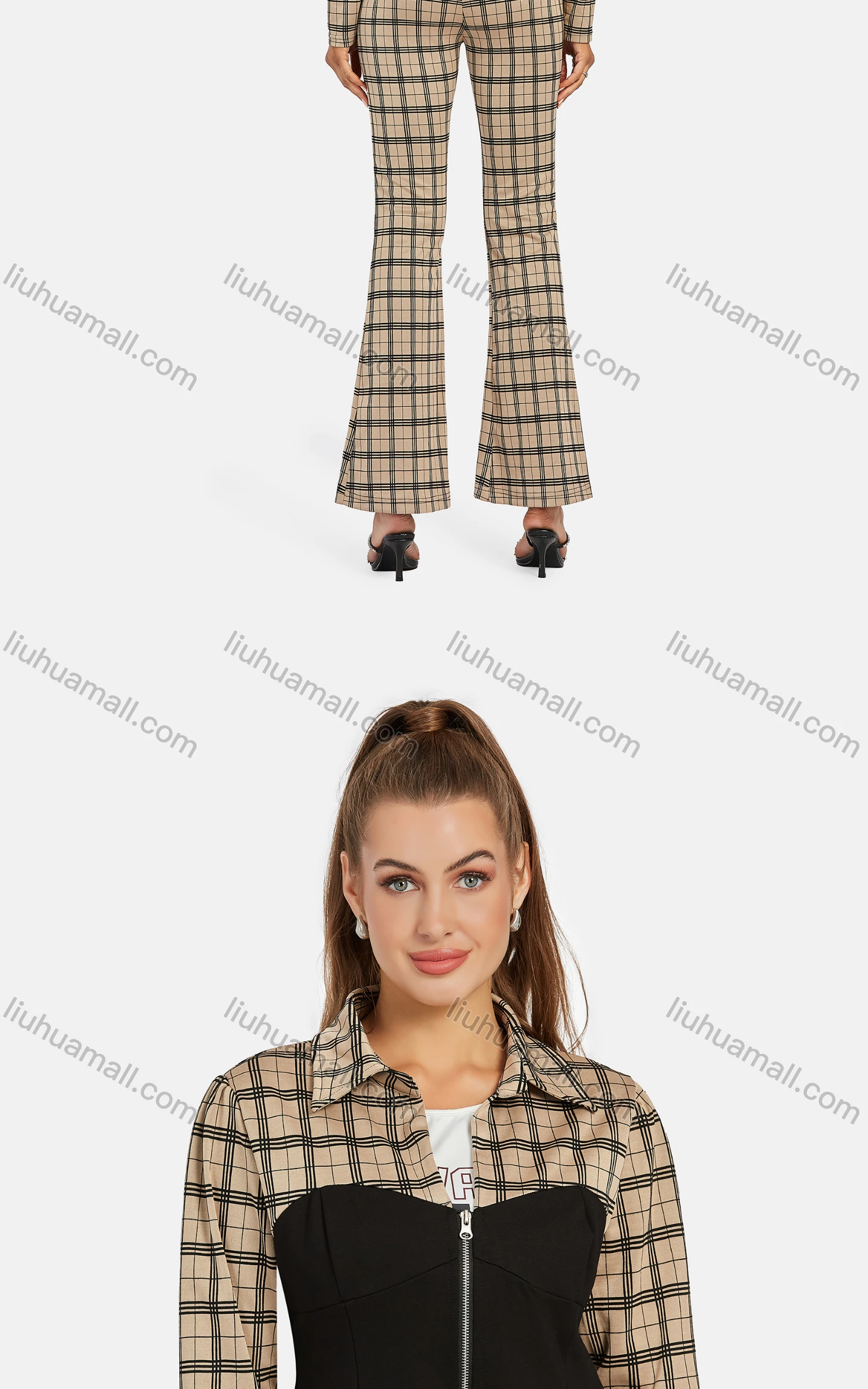 Wholesale Women's Business Collared Plaid Zip Colorblock Crop Jacket 2-piece Set - Liuhuamall
