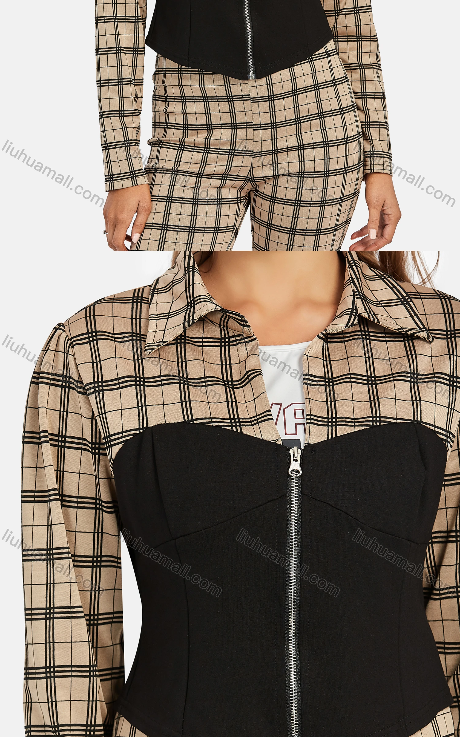 Wholesale Women's Business Collared Plaid Zip Colorblock Crop Jacket 2-piece Set - Liuhuamall