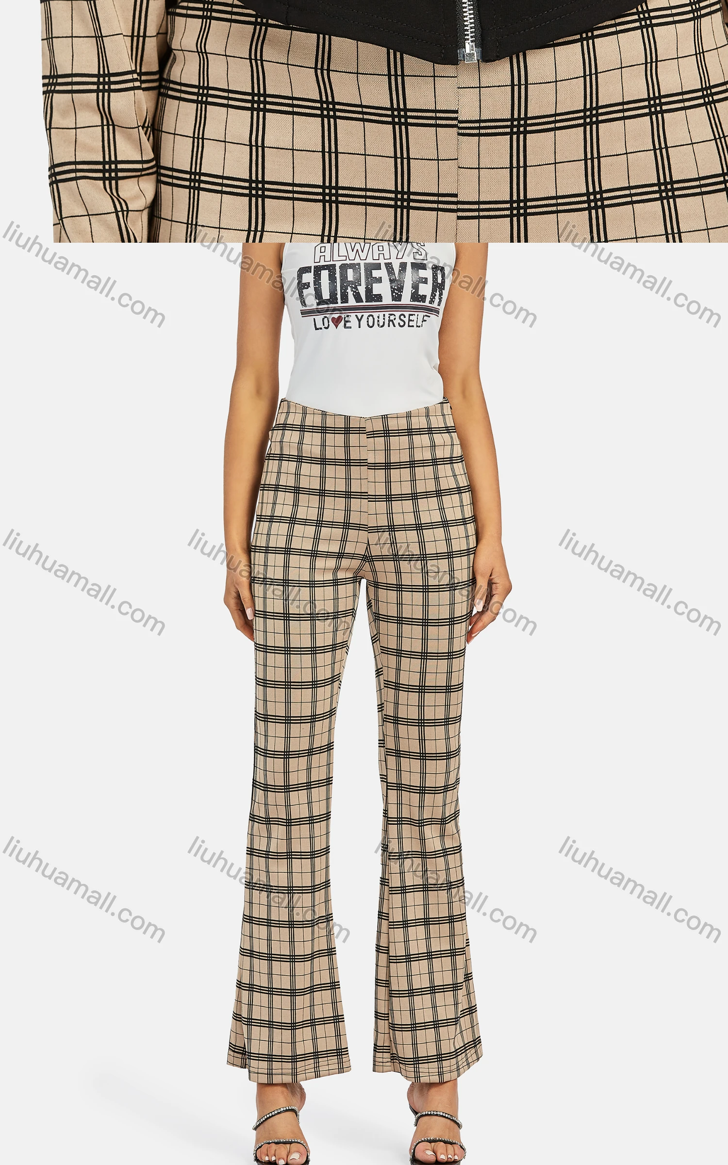 Wholesale Women's Business Collared Plaid Zip Colorblock Crop Jacket 2-piece Set - Liuhuamall