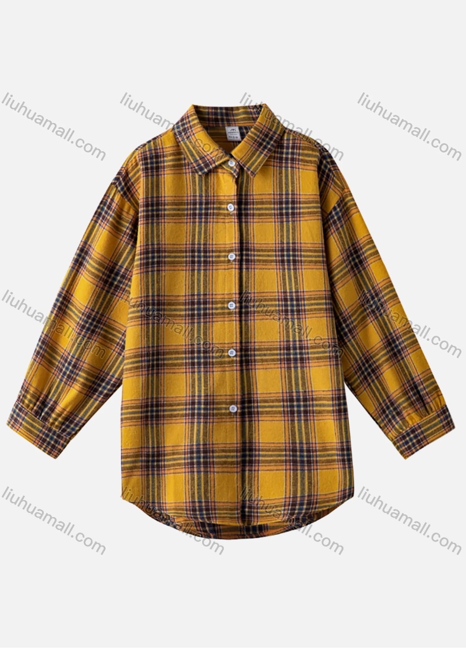 Wholesale Women's Casual Plaid Print Long Sleeve Button Down Curved Hem Shirts 1244# - Liuhuamall