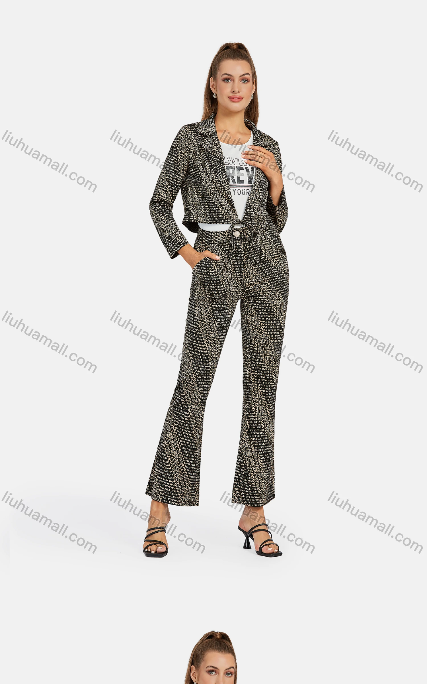 Wholesale Women's Business Lapel Letter Tie Front Crop Jacket 2-piece Set - Liuhuamall