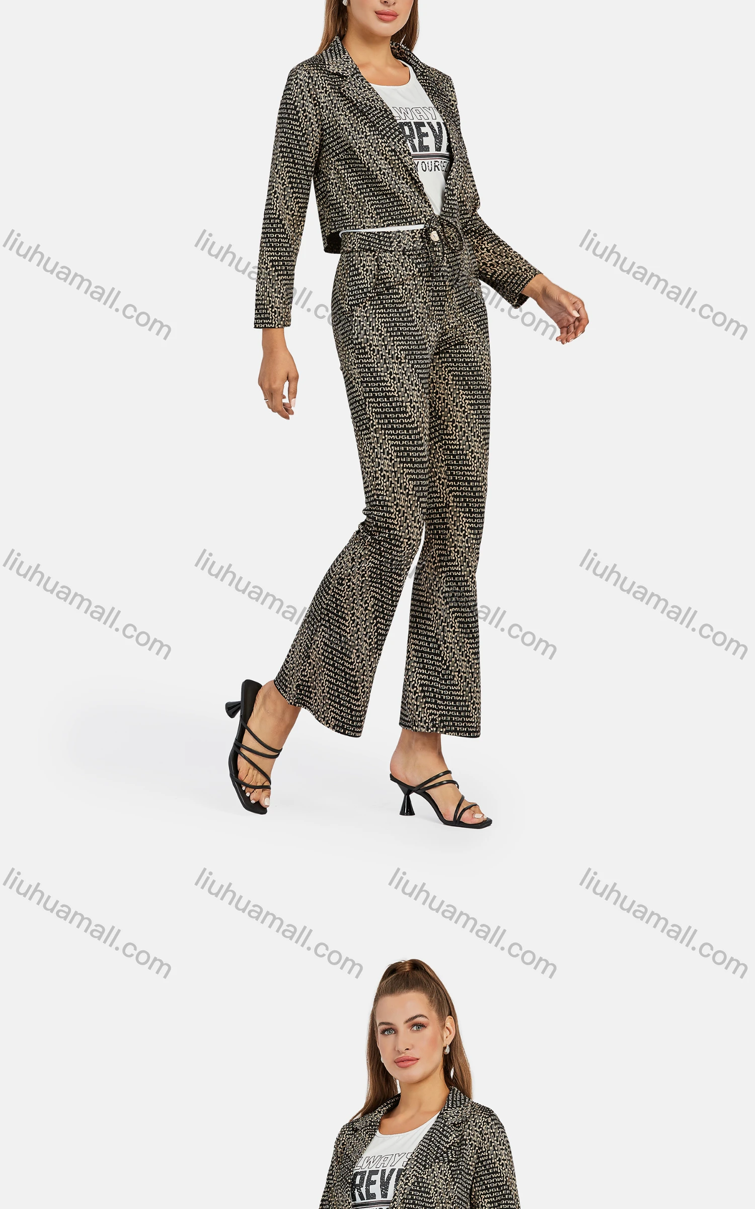 Wholesale Women's Business Lapel Letter Tie Front Crop Jacket 2-piece Set - Liuhuamall