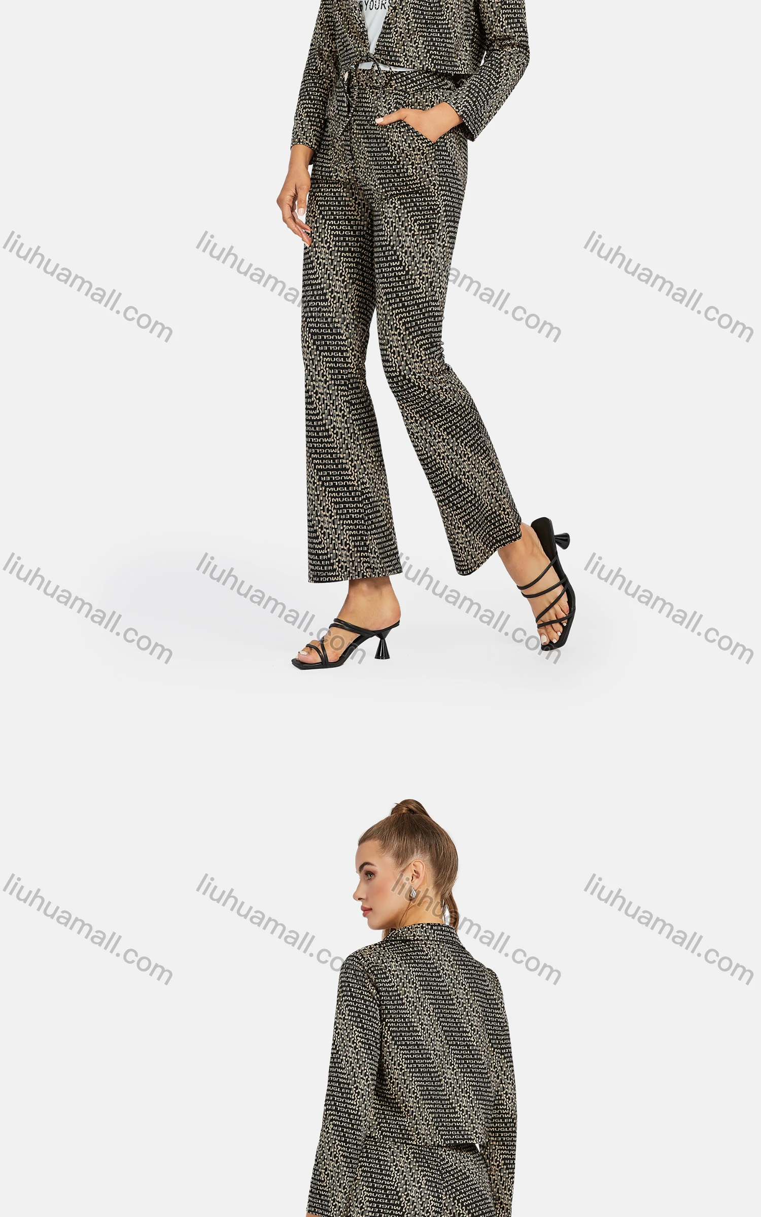 Wholesale Women's Business Lapel Letter Tie Front Crop Jacket 2-piece Set - Liuhuamall