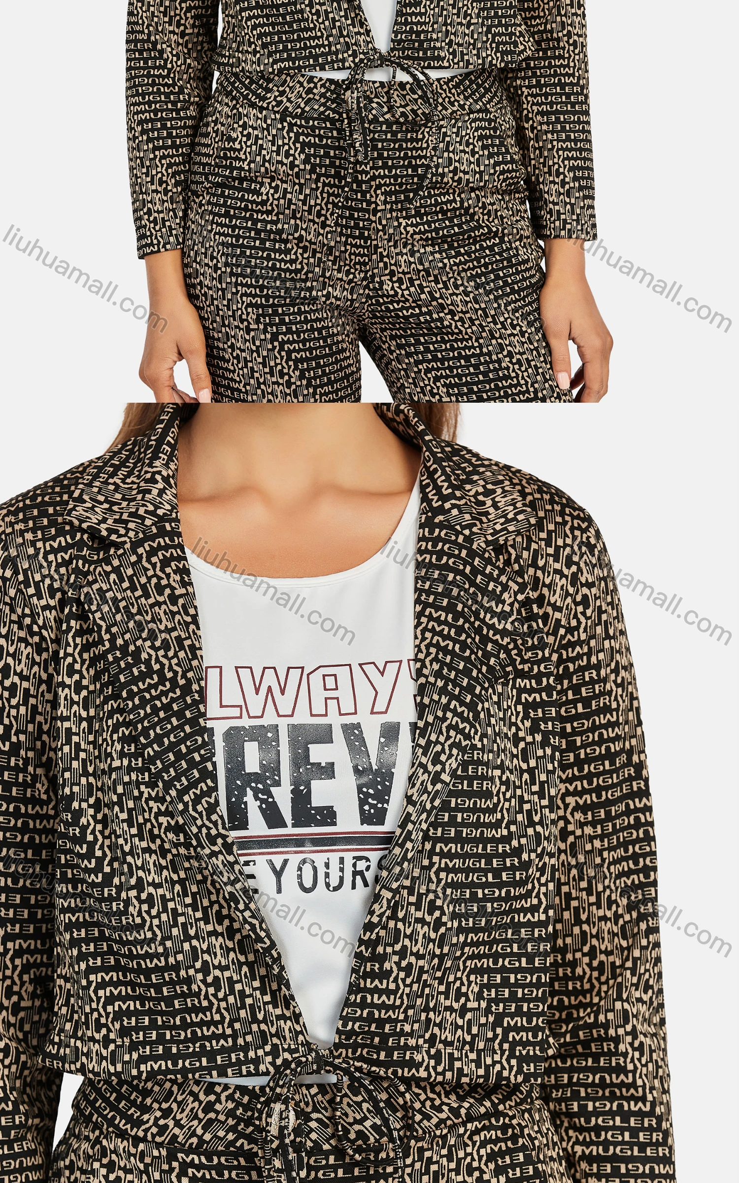 Wholesale Women's Business Lapel Letter Tie Front Crop Jacket 2-piece Set - Liuhuamall