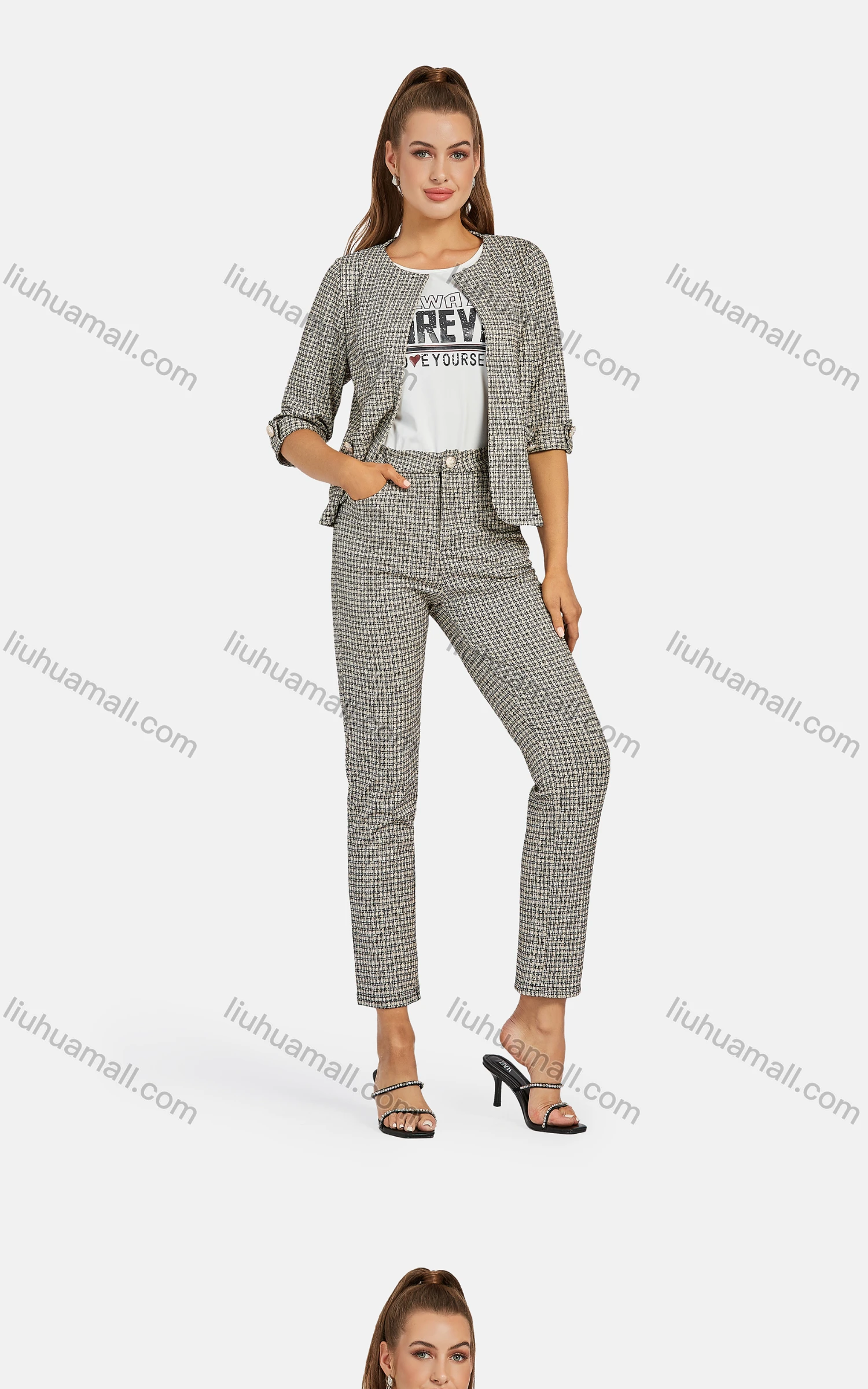 Wholesale Women's Business Crew Neck Plaid Patch Pockets Jacket 2-piece Set - Liuhuamall