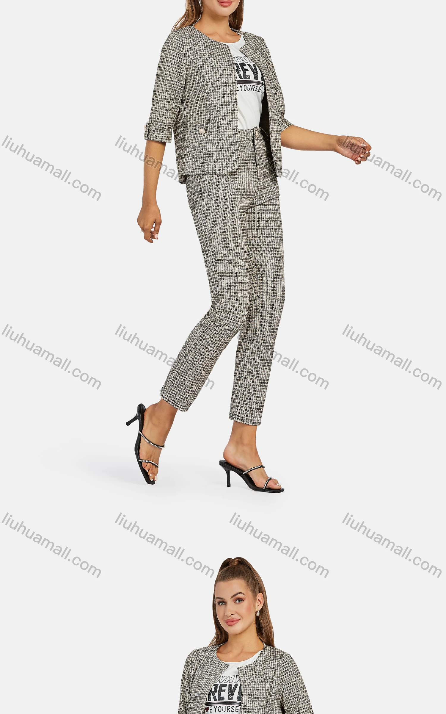 Wholesale Women's Business Crew Neck Plaid Patch Pockets Jacket 2-piece Set - Liuhuamall