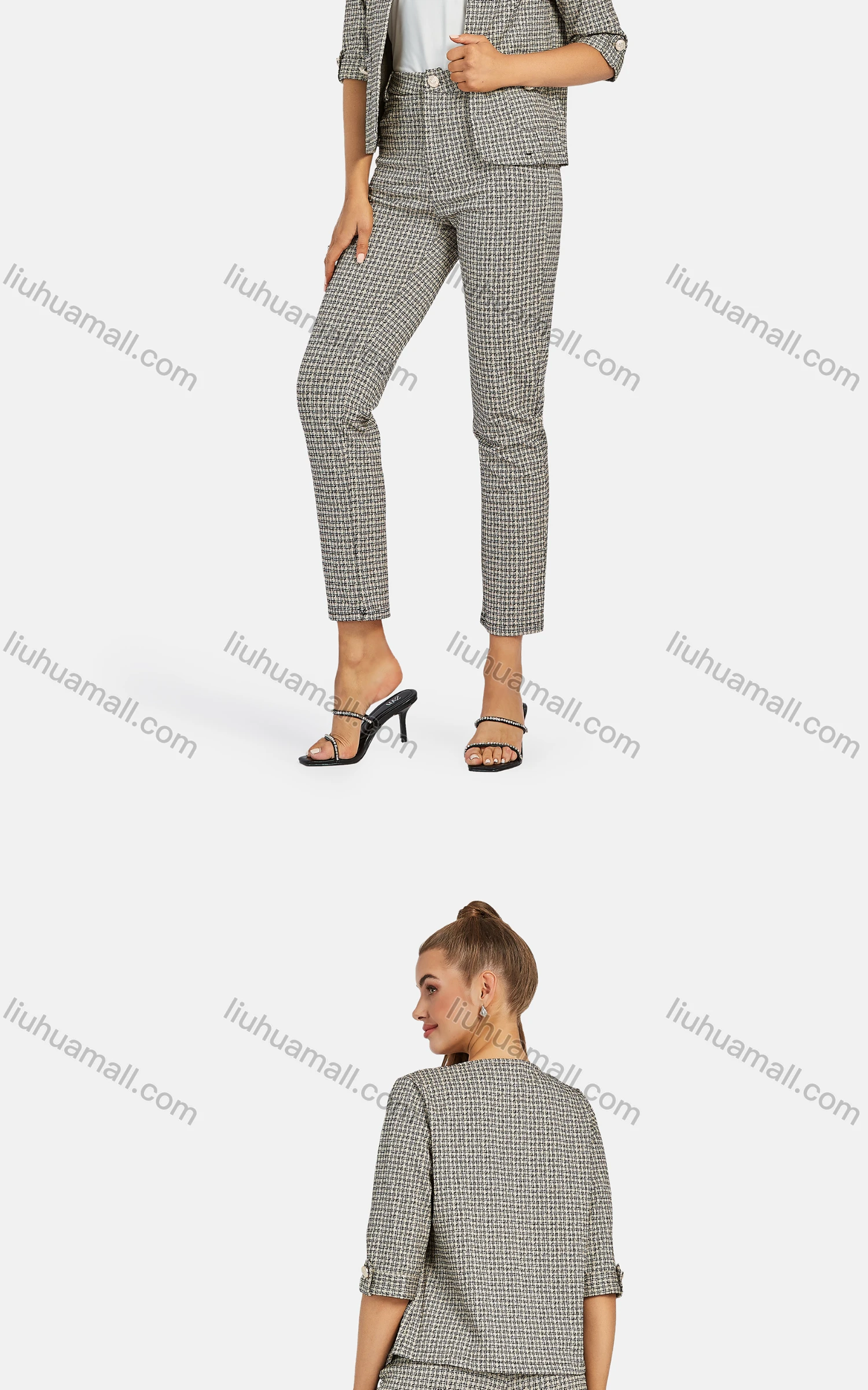 Wholesale Women's Business Crew Neck Plaid Patch Pockets Jacket 2-piece Set - Liuhuamall