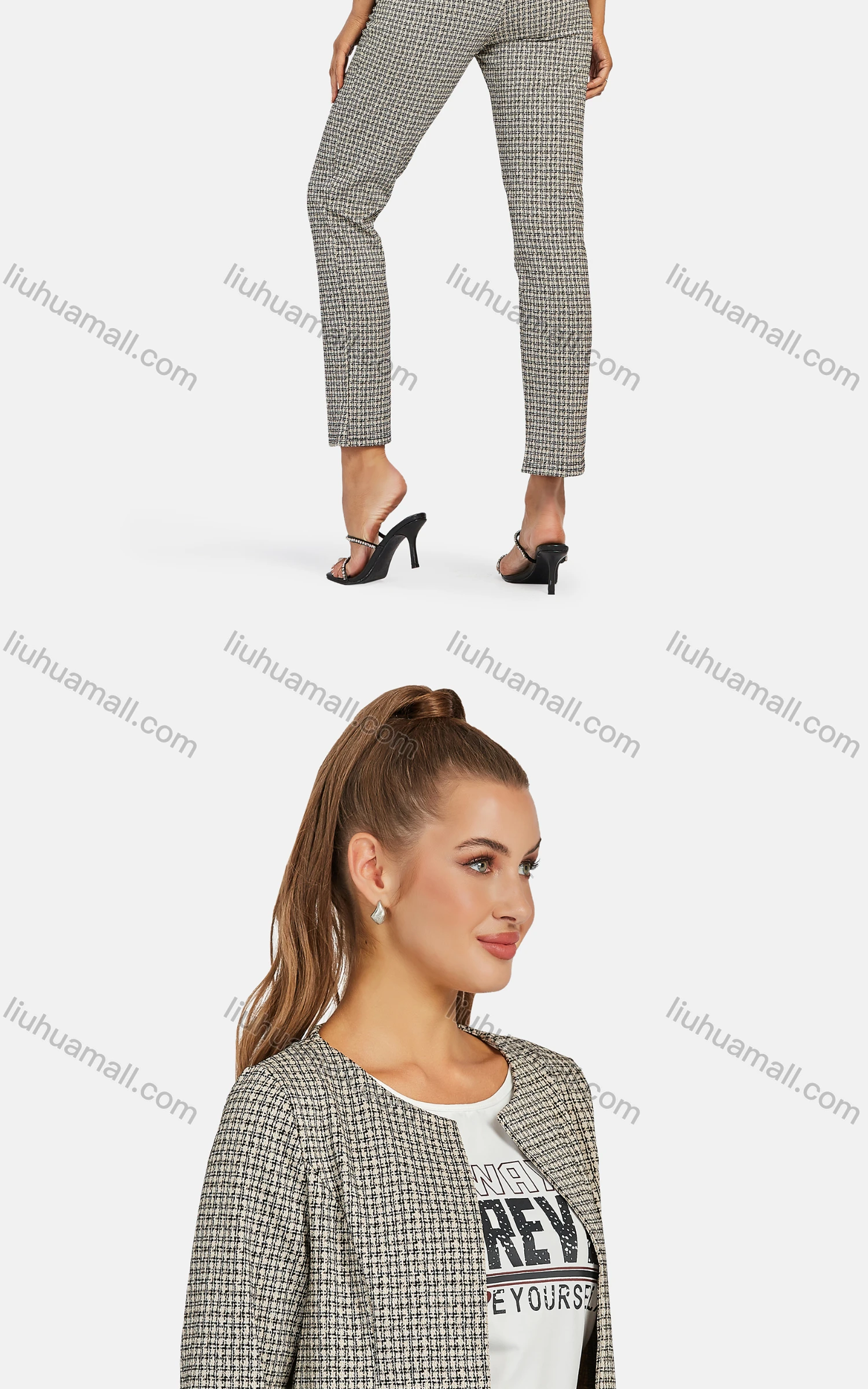 Wholesale Women's Business Crew Neck Plaid Patch Pockets Jacket 2-piece Set - Liuhuamall