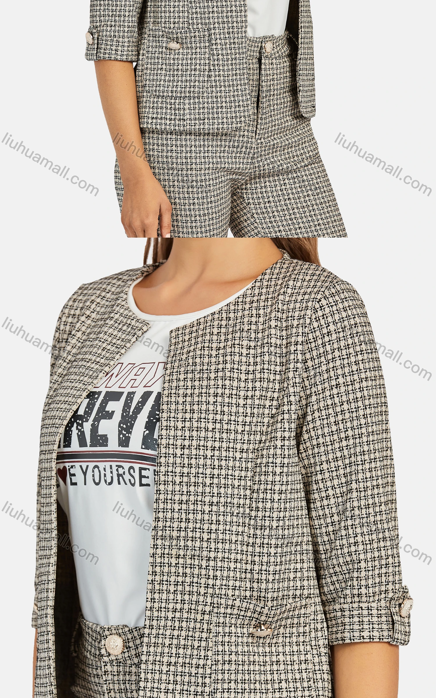 Wholesale Women's Business Crew Neck Plaid Patch Pockets Jacket 2-piece Set - Liuhuamall