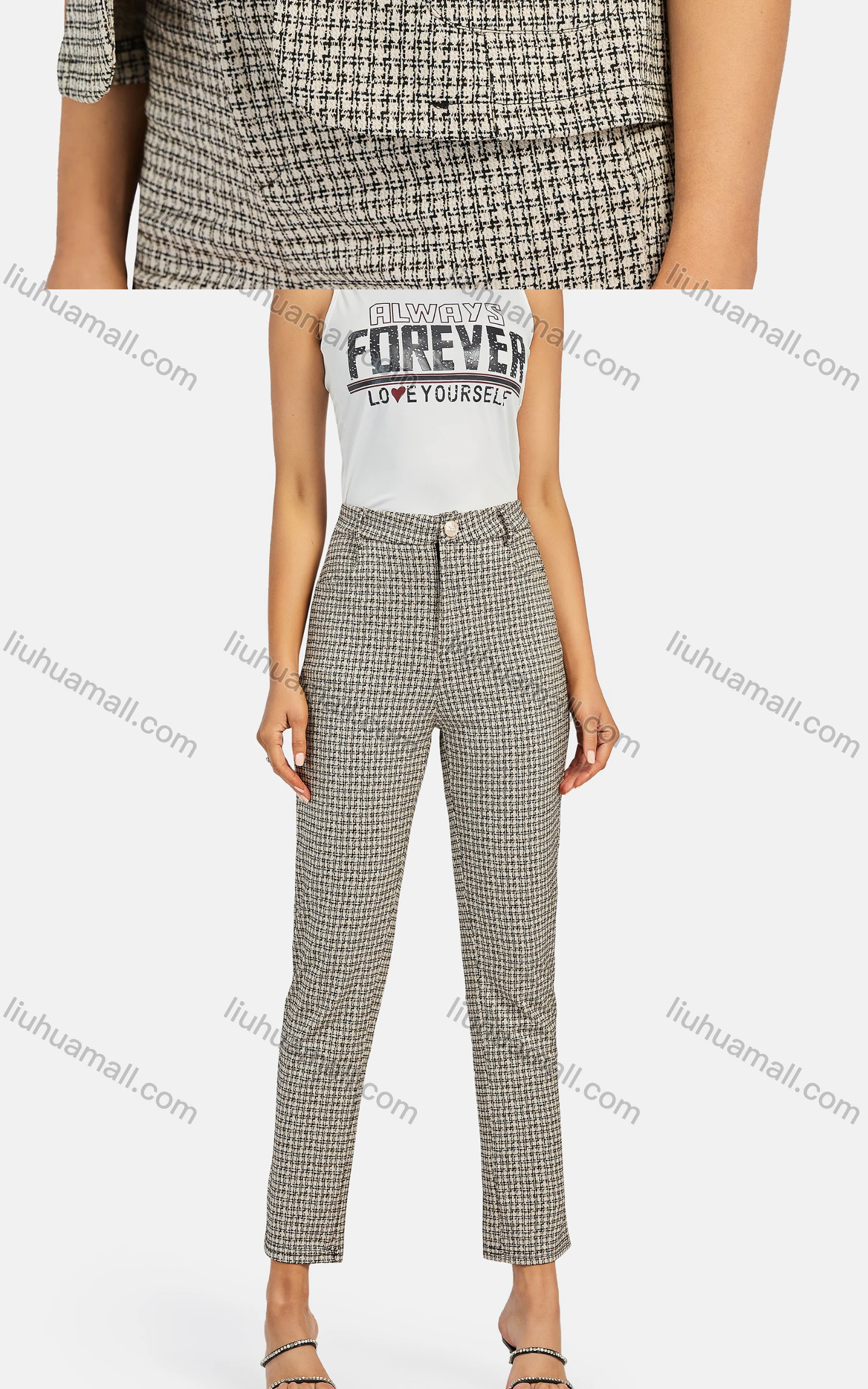 Wholesale Women's Business Crew Neck Plaid Patch Pockets Jacket 2-piece Set - Liuhuamall