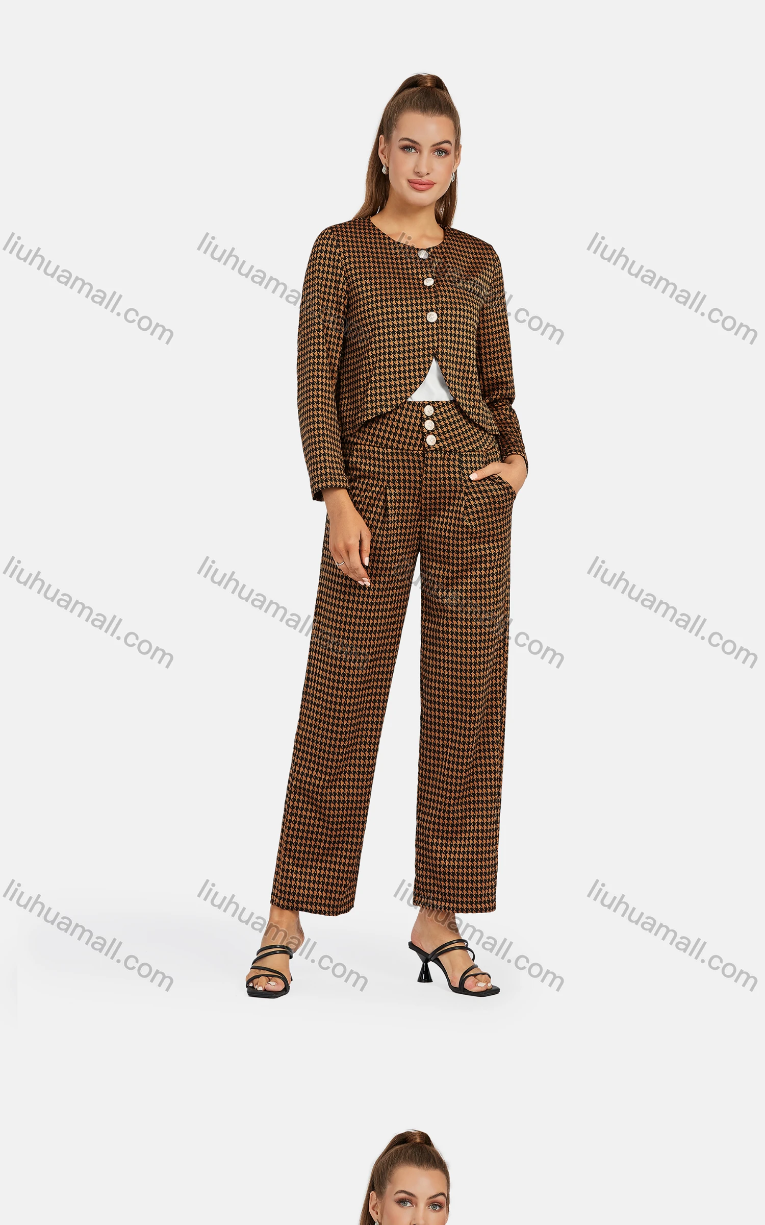 Wholesale Women's Crew Neck Collared Houndstooth Button Down Crop Jacket 2-piece Set - Liuhuamall