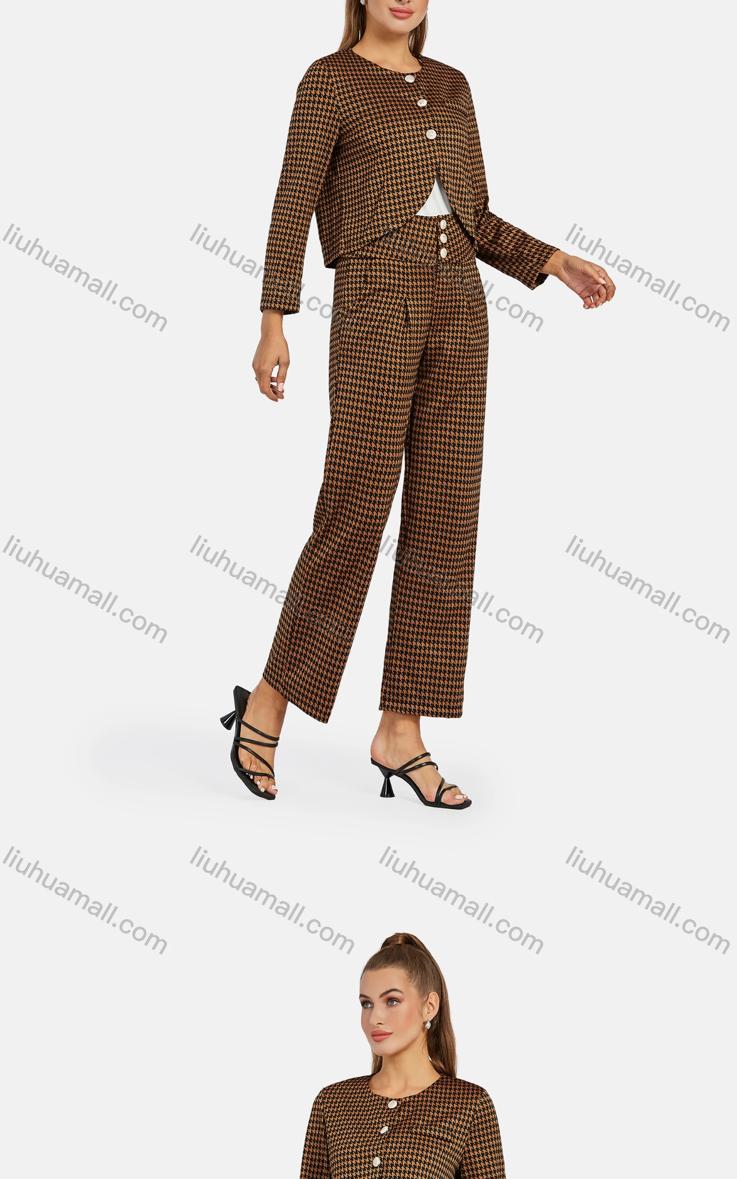 Wholesale Women's Crew Neck Collared Houndstooth Button Down Crop Jacket 2-piece Set - Liuhuamall