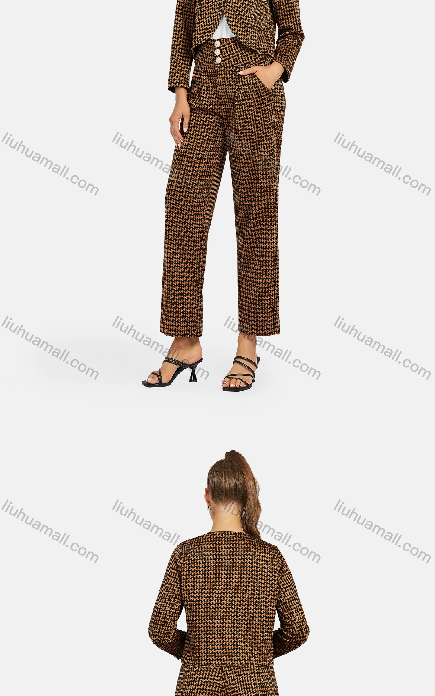 Wholesale Women's Crew Neck Collared Houndstooth Button Down Crop Jacket 2-piece Set - Liuhuamall