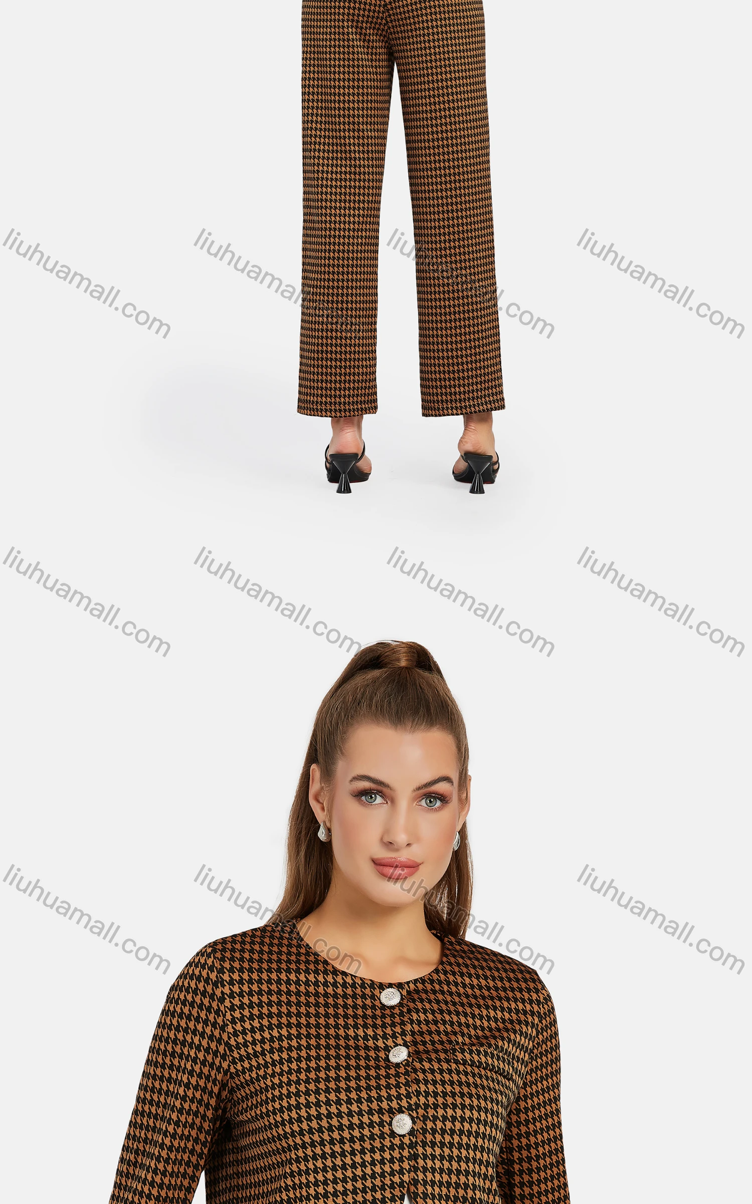 Wholesale Women's Crew Neck Collared Houndstooth Button Down Crop Jacket 2-piece Set - Liuhuamall