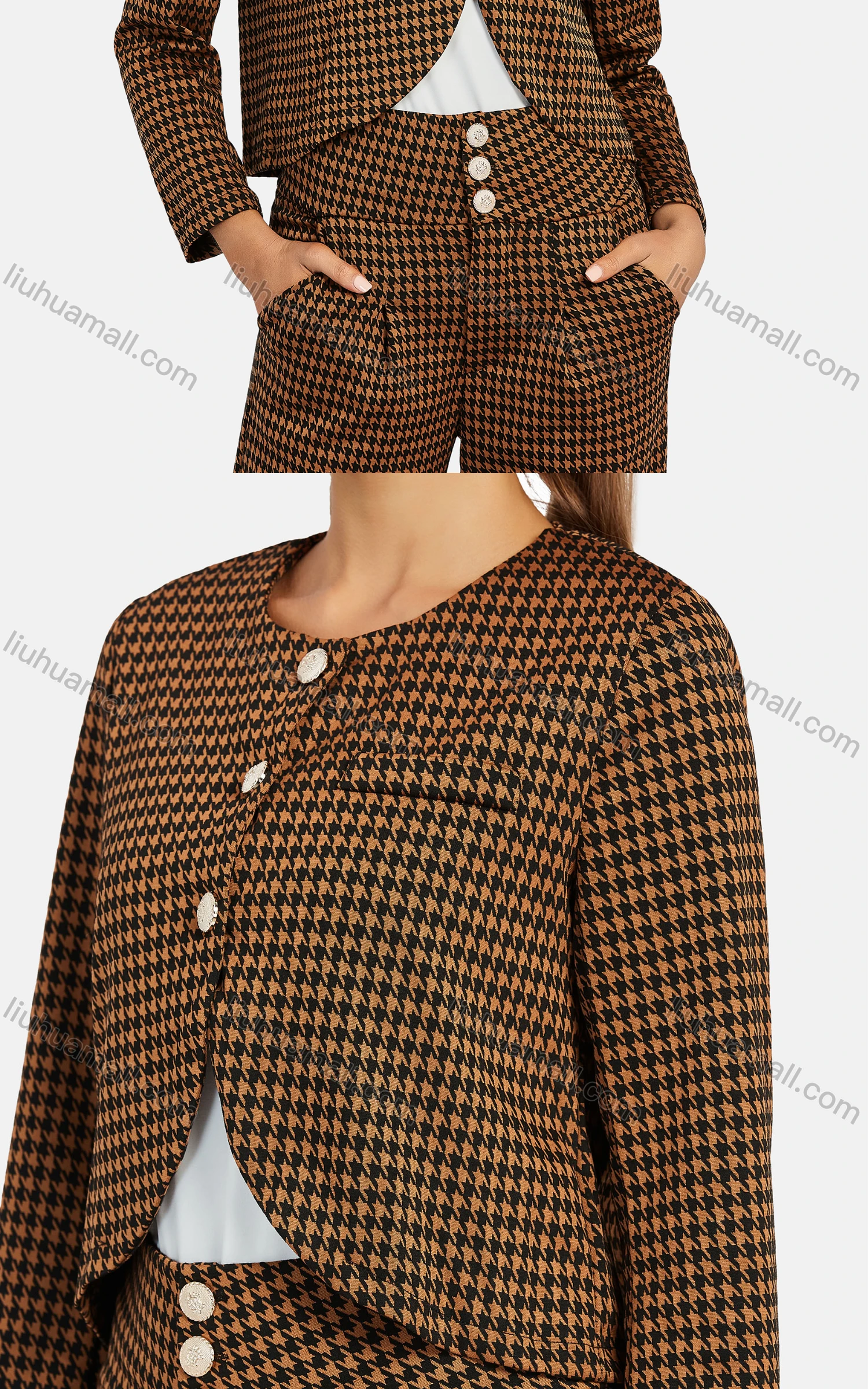 Wholesale Women's Crew Neck Collared Houndstooth Button Down Crop Jacket 2-piece Set - Liuhuamall