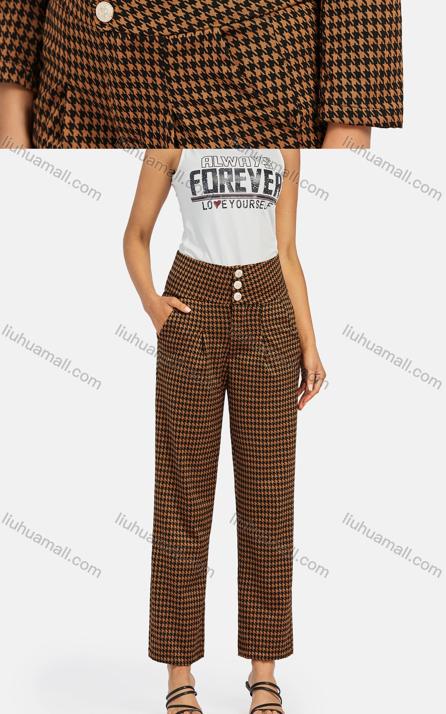 Wholesale Women's Crew Neck Collared Houndstooth Button Down Crop Jacket 2-piece Set - Liuhuamall