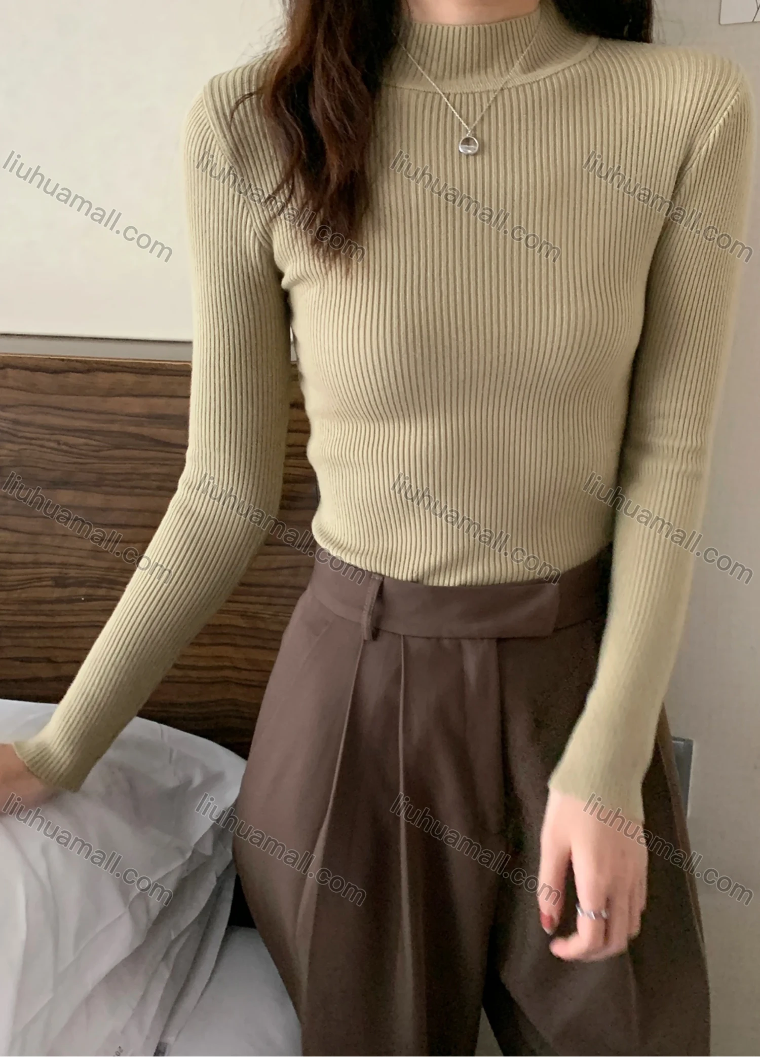 Wholesale Women's Casual Plain Mock Neck Long Sleeve Ribbed Knit Sweater Tops 8001# - Liuhuamall