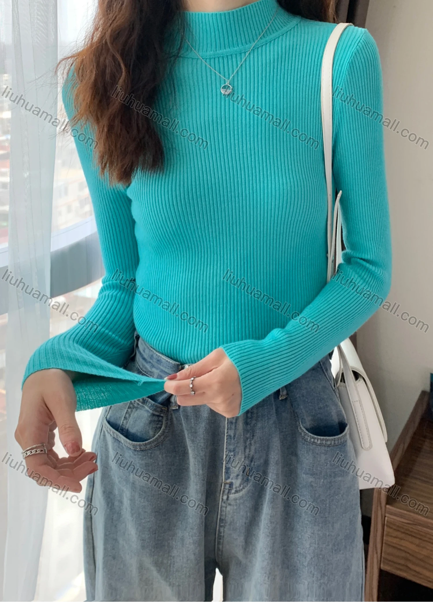 Wholesale Women's Casual Plain Mock Neck Long Sleeve Ribbed Knit Sweater Tops 8001# - Liuhuamall