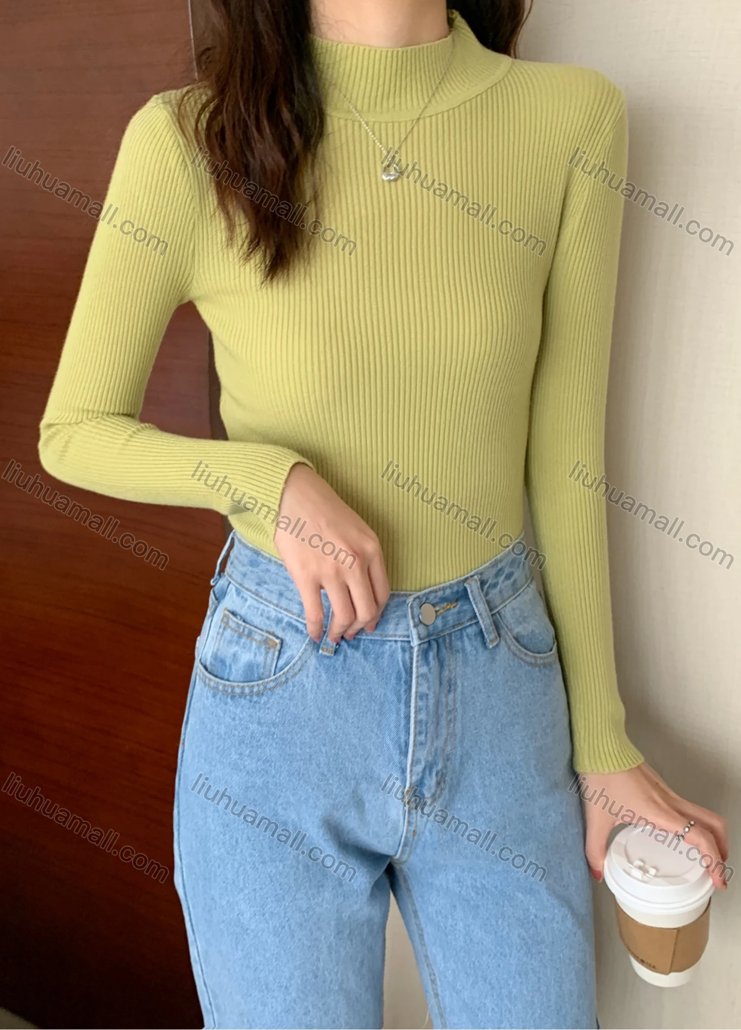Wholesale Women's Casual Plain Mock Neck Long Sleeve Ribbed Knit Sweater Tops 8001# - Liuhuamall