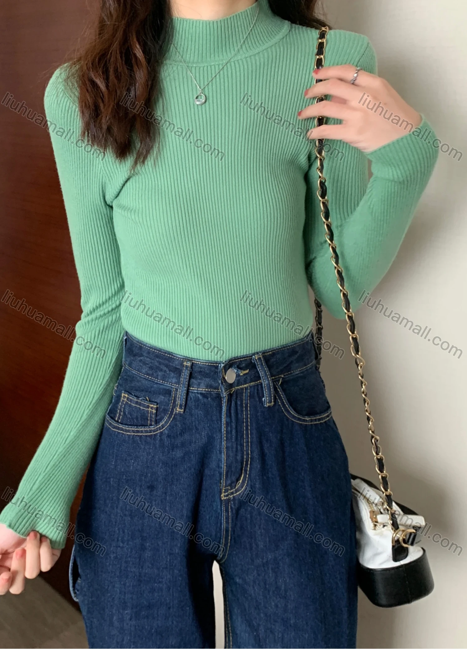 Wholesale Women's Casual Plain Mock Neck Long Sleeve Ribbed Knit Sweater Tops 8001# - Liuhuamall