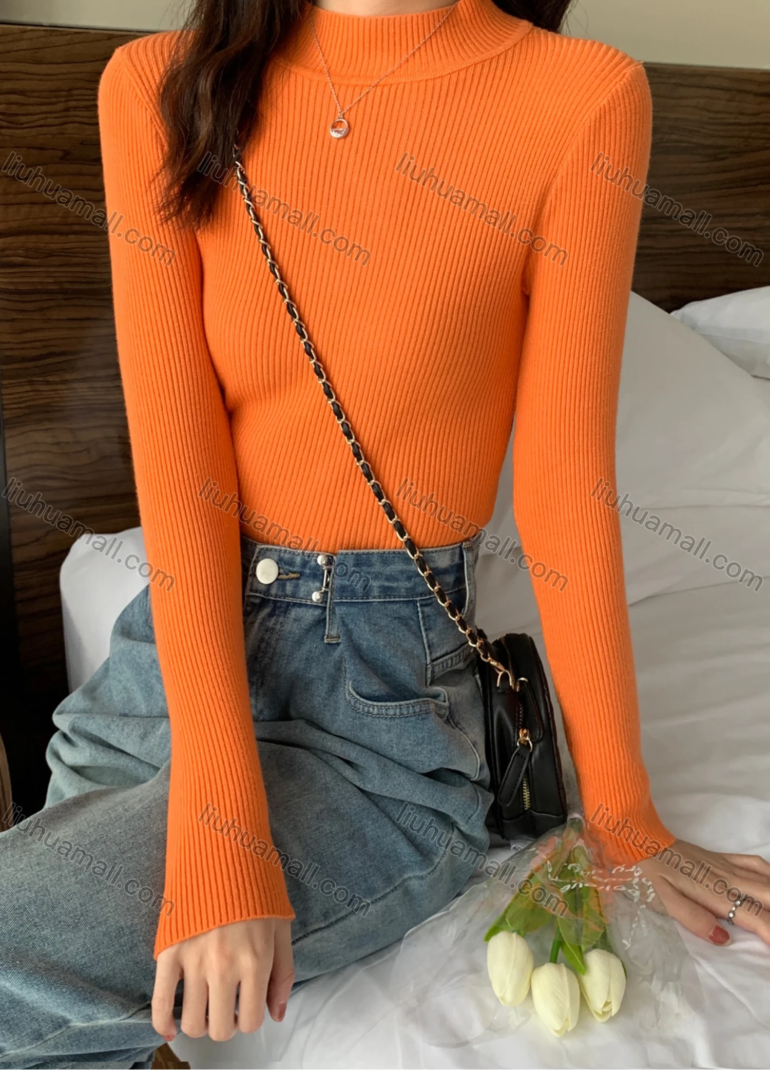 Wholesale Women's Casual Plain Mock Neck Long Sleeve Ribbed Knit Sweater Tops 8001# - Liuhuamall