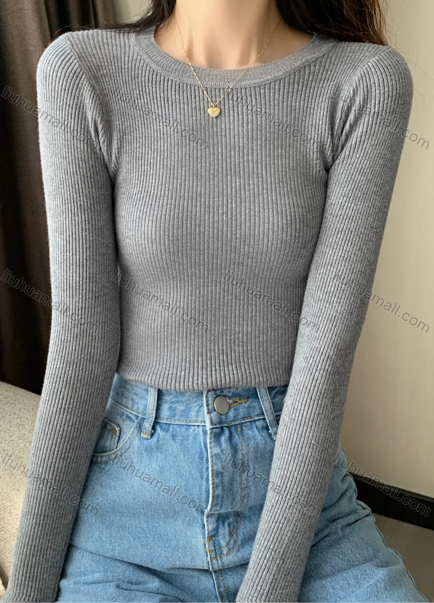 Wholesale Women's Casual Plain Round Neck Long Sleeve Ribbed Knit Sweater Tops 8002# - Liuhuamall
