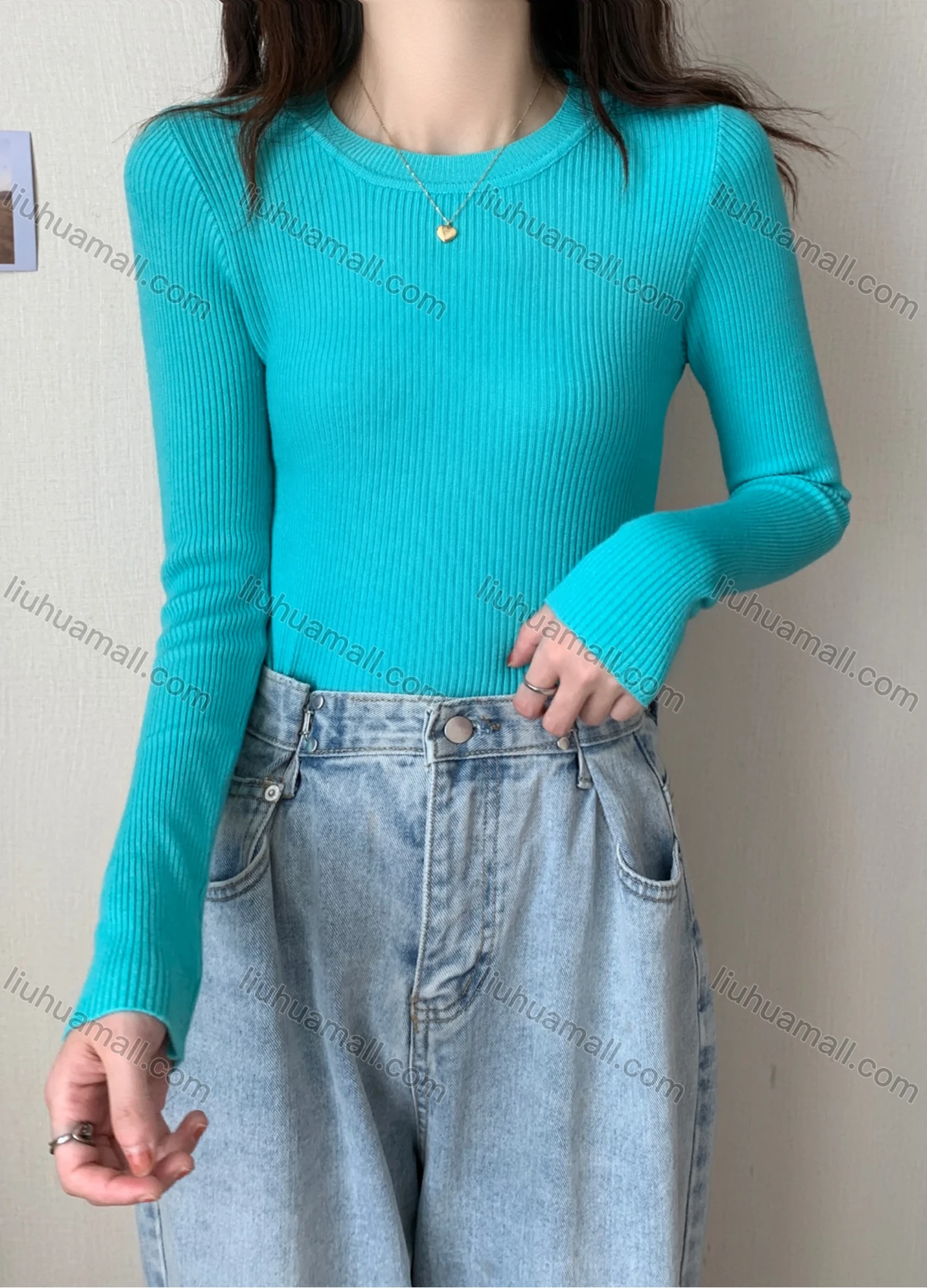 Wholesale Women's Casual Plain Round Neck Long Sleeve Ribbed Knit Sweater Tops 8002# - Liuhuamall