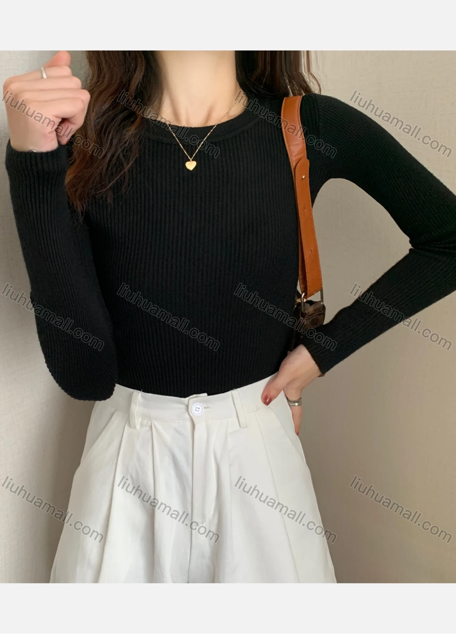 Wholesale Women's Casual Plain Round Neck Long Sleeve Ribbed Knit Sweater Tops 8002# - Liuhuamall