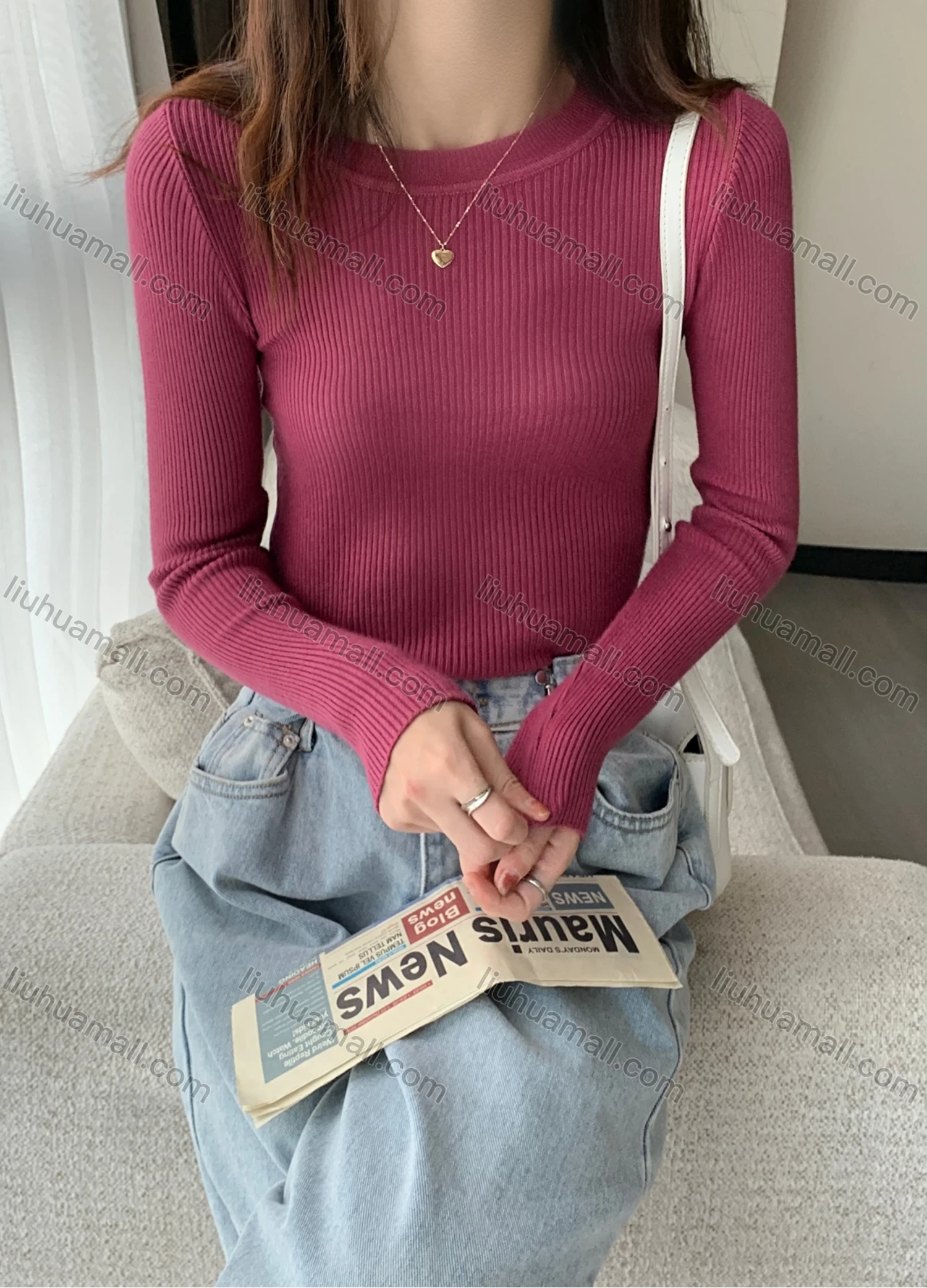 Wholesale Women's Casual Plain Round Neck Long Sleeve Ribbed Knit Sweater Tops 8002# - Liuhuamall