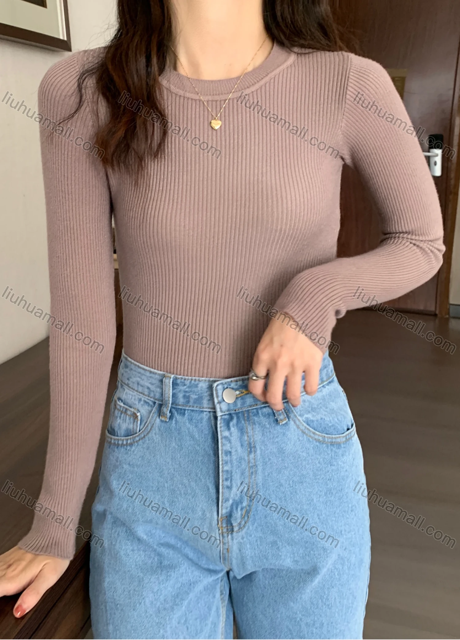 Wholesale Women's Casual Plain Round Neck Long Sleeve Ribbed Knit Sweater Tops 8002# - Liuhuamall