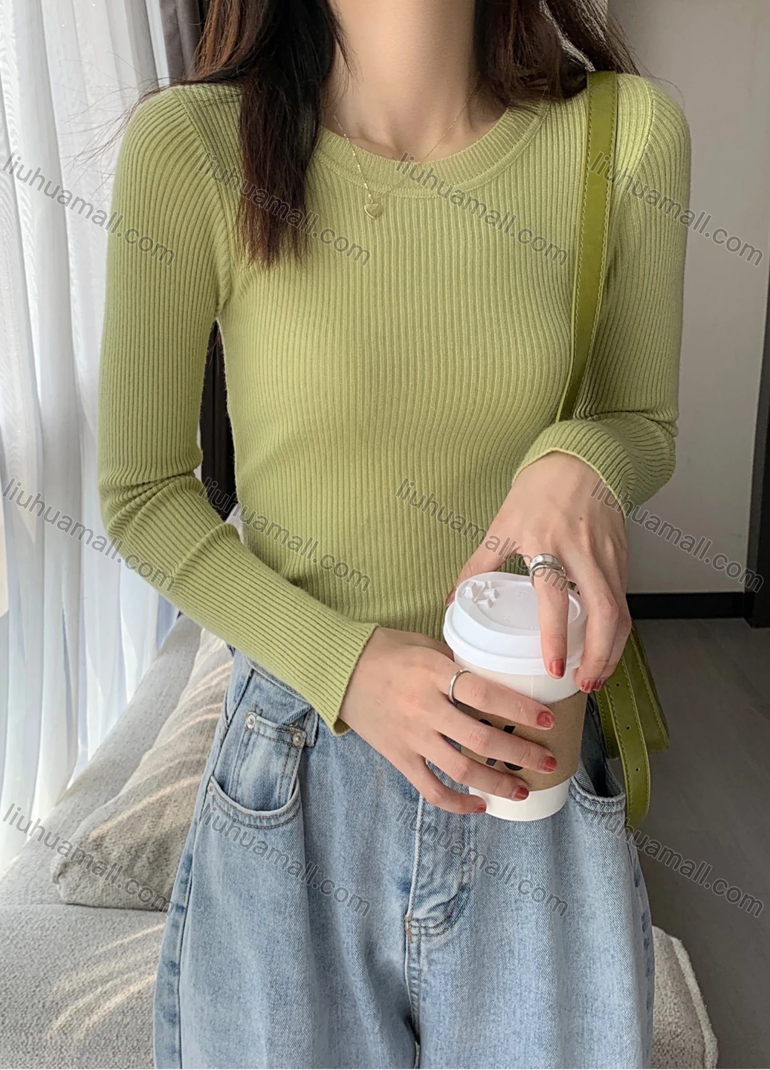 Wholesale Women's Casual Plain Round Neck Long Sleeve Ribbed Knit Sweater Tops 8002# - Liuhuamall