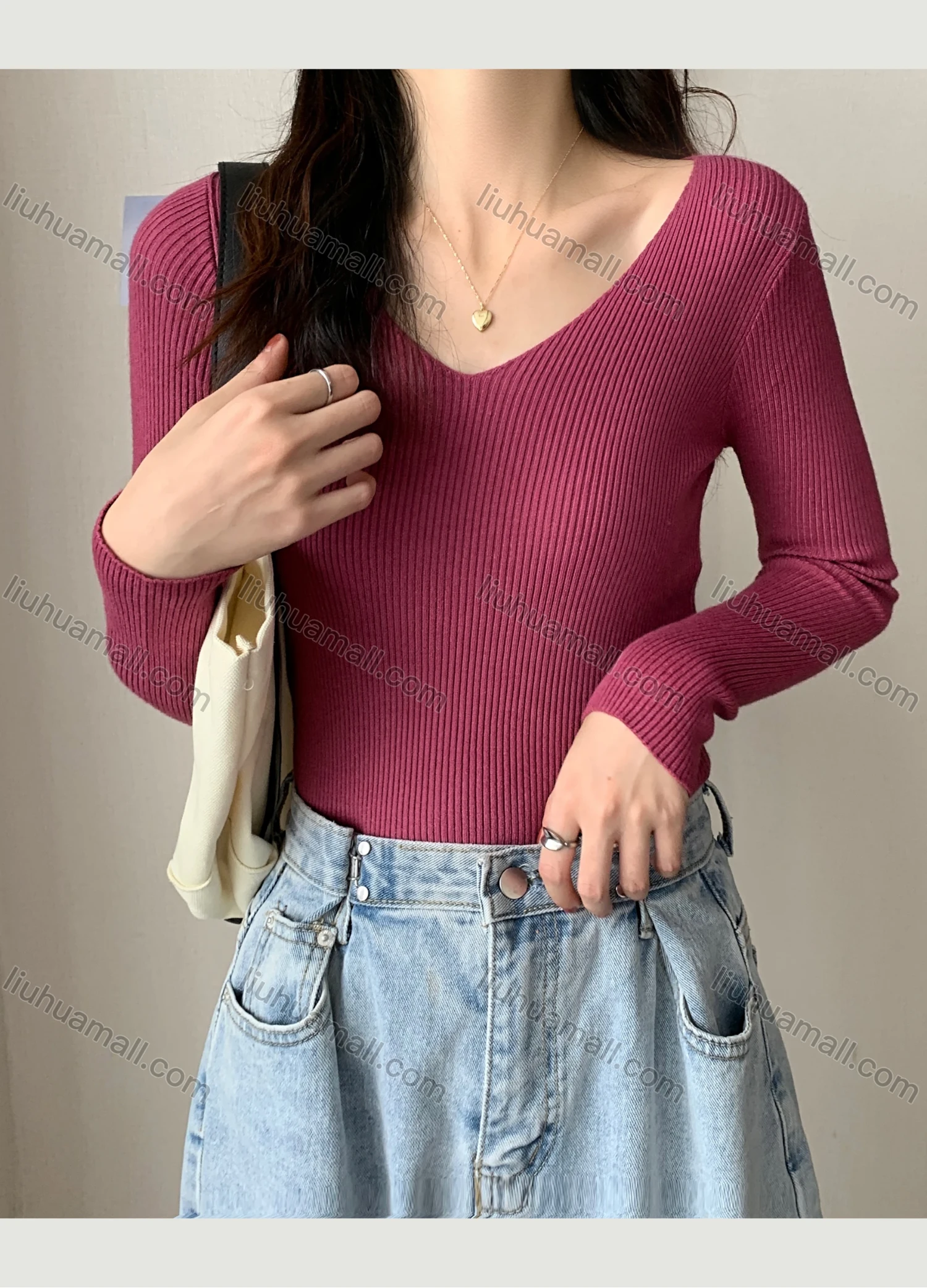 Wholesale Women's Casual Plain V Neck Long Sleeve Ribbed Knit Sweater Tops 8003# - Liuhuamall
