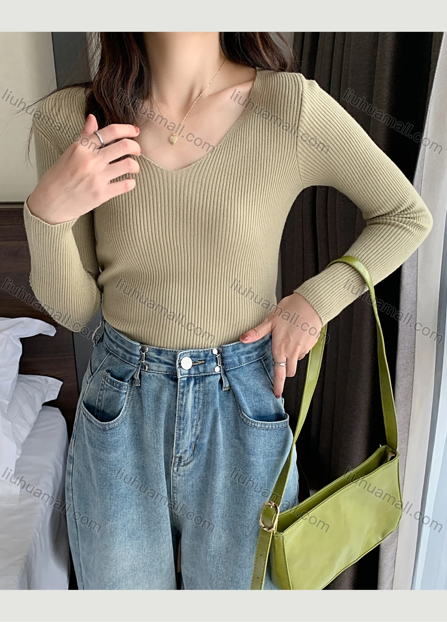 Wholesale Women's Casual Plain V Neck Long Sleeve Ribbed Knit Sweater Tops 8003# - Liuhuamall